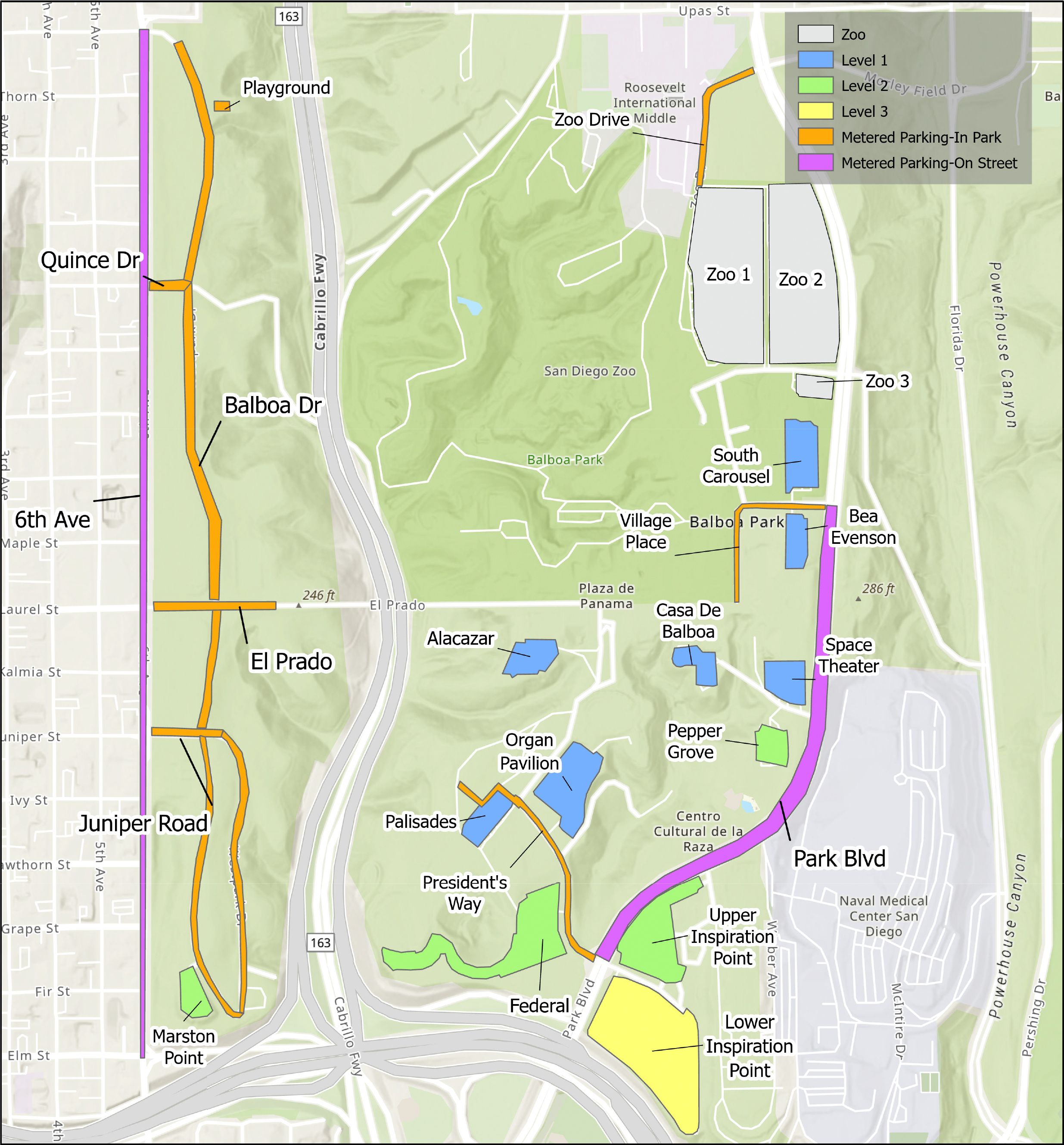 Map of San Diego Zoo and Balboa Park showing parking zones in blue, green and yellow; metered parking in orange and purple with labeled streets and landmarks.
