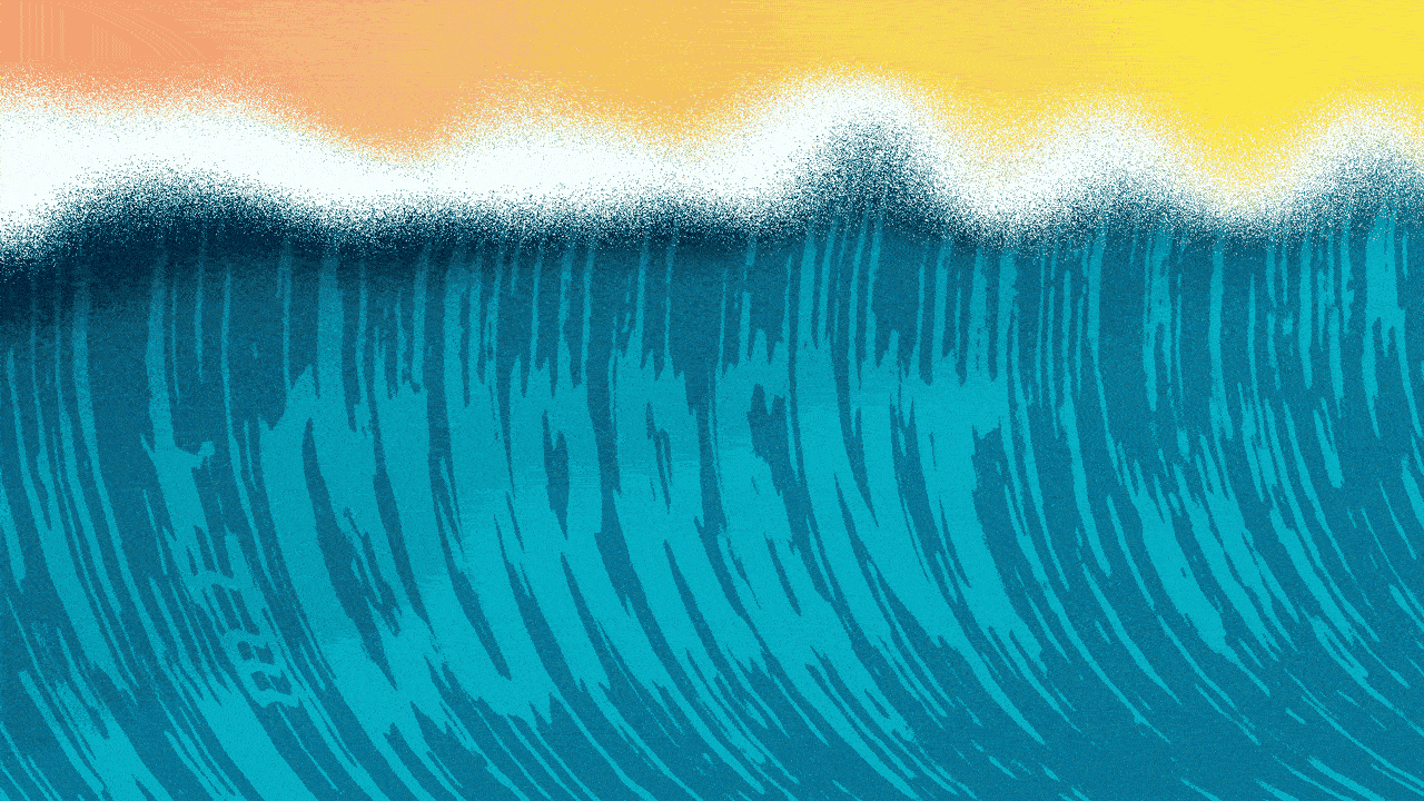 Animated illustration of a huge, foaming ocean wave with the words "The Current" appearing in it.