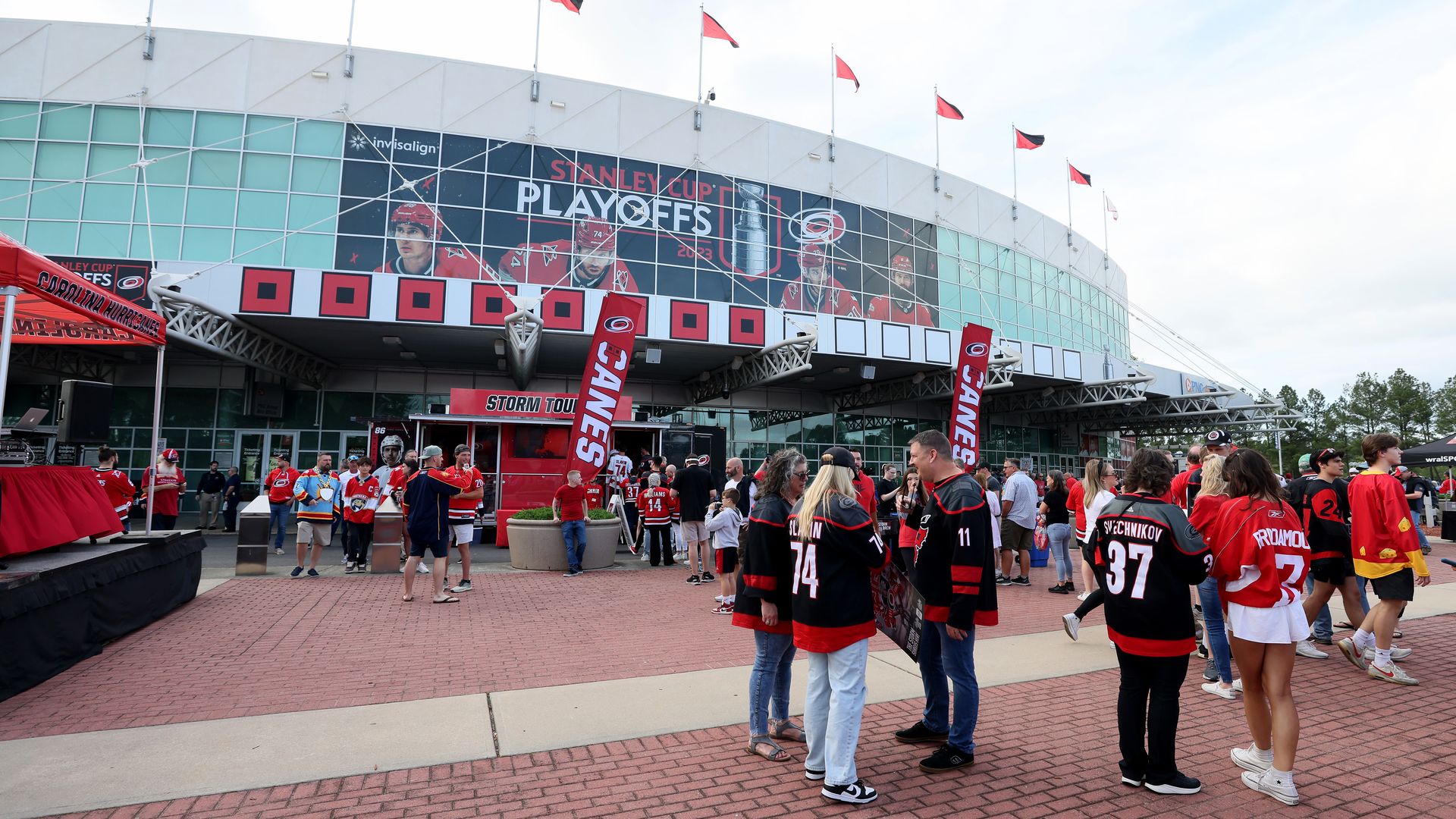 RALEIGH, NORTH CAROLINA - MAY 20: Fans gather outside the arena prior to in Game Two of the Eastern Conference Final of the 2023 Stanley Cup Playoffs between the Florida Panthers and the Carolina Hurricanes at PNC Arena on May 20, 2023 in Raleigh, North Carolina. (Photo by Bruce Bennett/Getty Images
