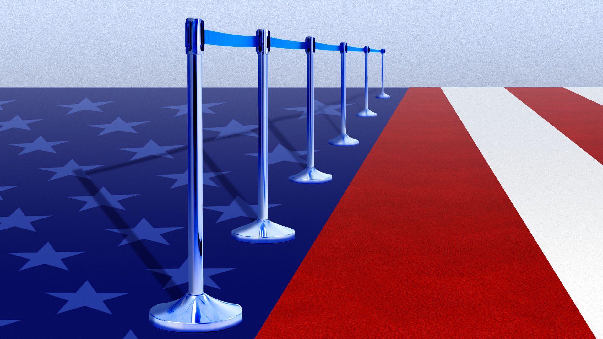 Illustration of the American flag with a stripe as a red carpet with a portable rope barrier beside it