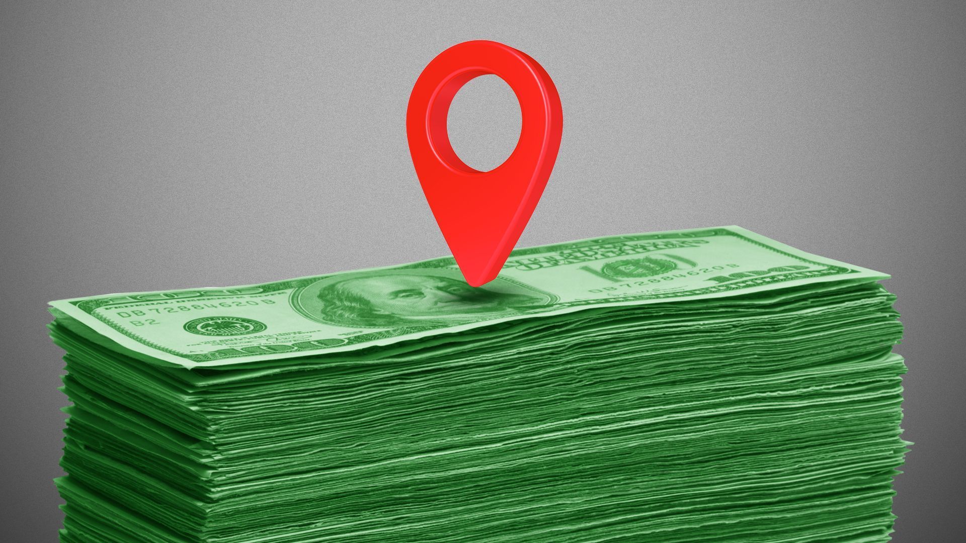 Illustration of 100 dollar bills with map arrow on top