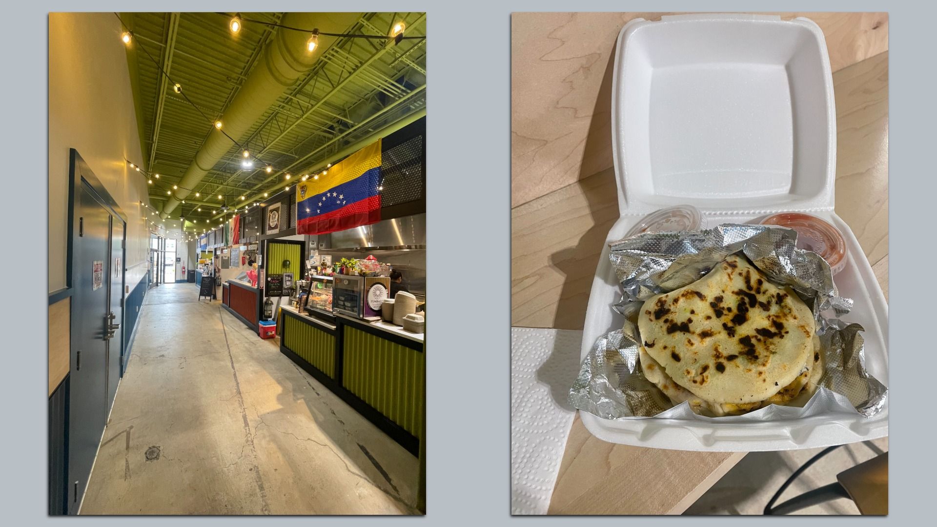 Side by side images of indoor Hispanic food hall and styrofoam food box with pupusas inside