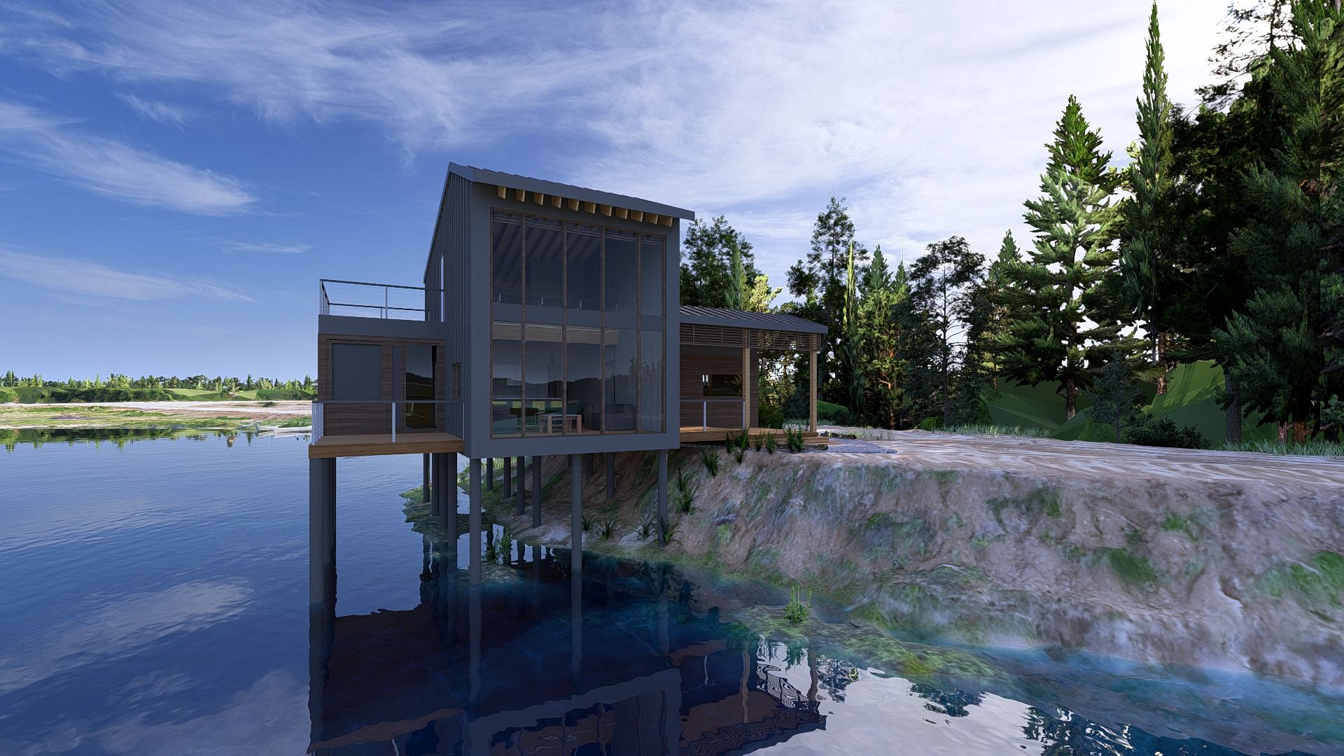 A rendering of a modern building built partially on land and partially over a lake.