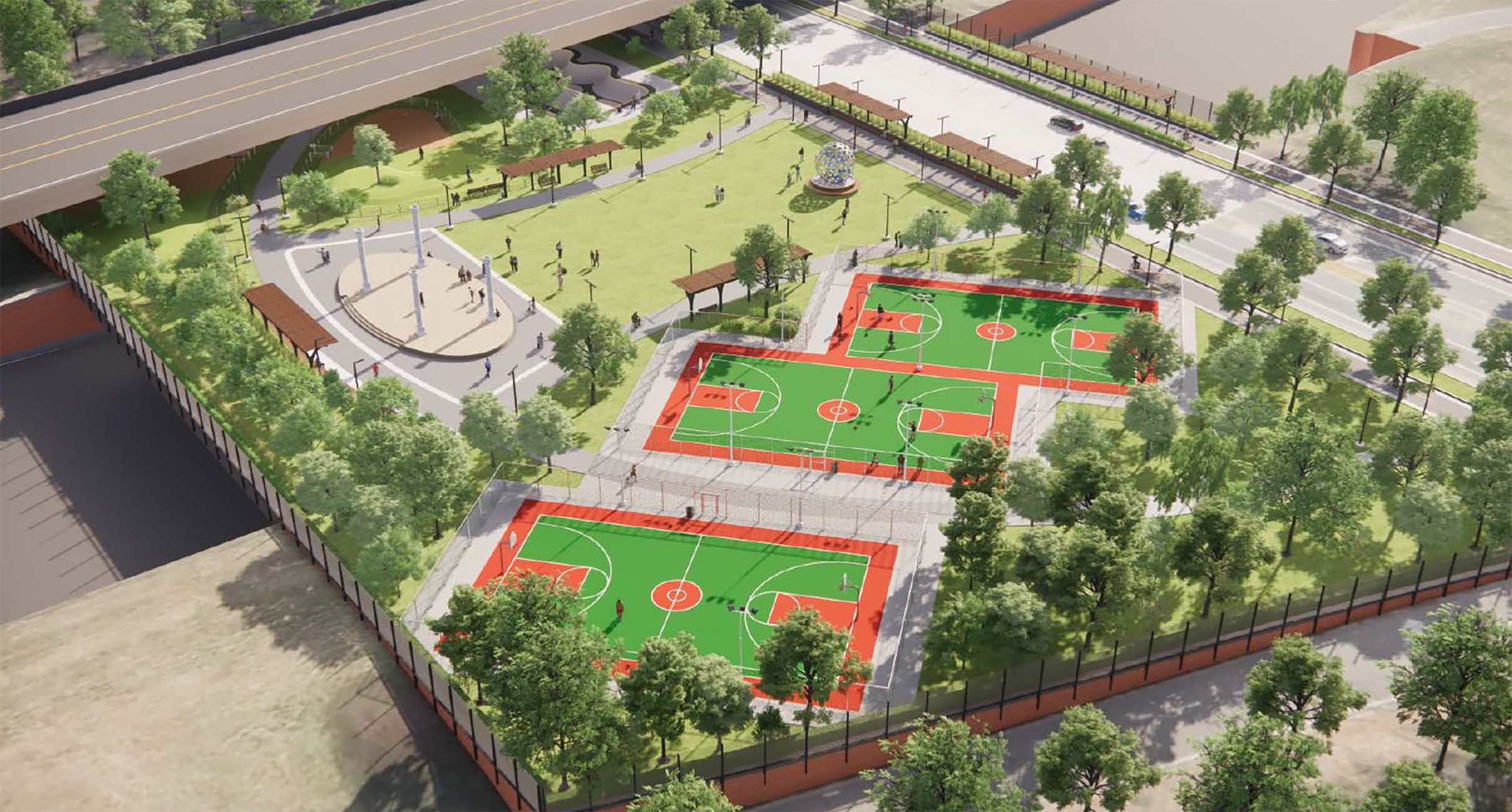 Bird's-eye view of an urban park beneath an overpass: green lawns, trees, shaded walkways, a globe sculpture, white columns, and red-bordered basketball courts.