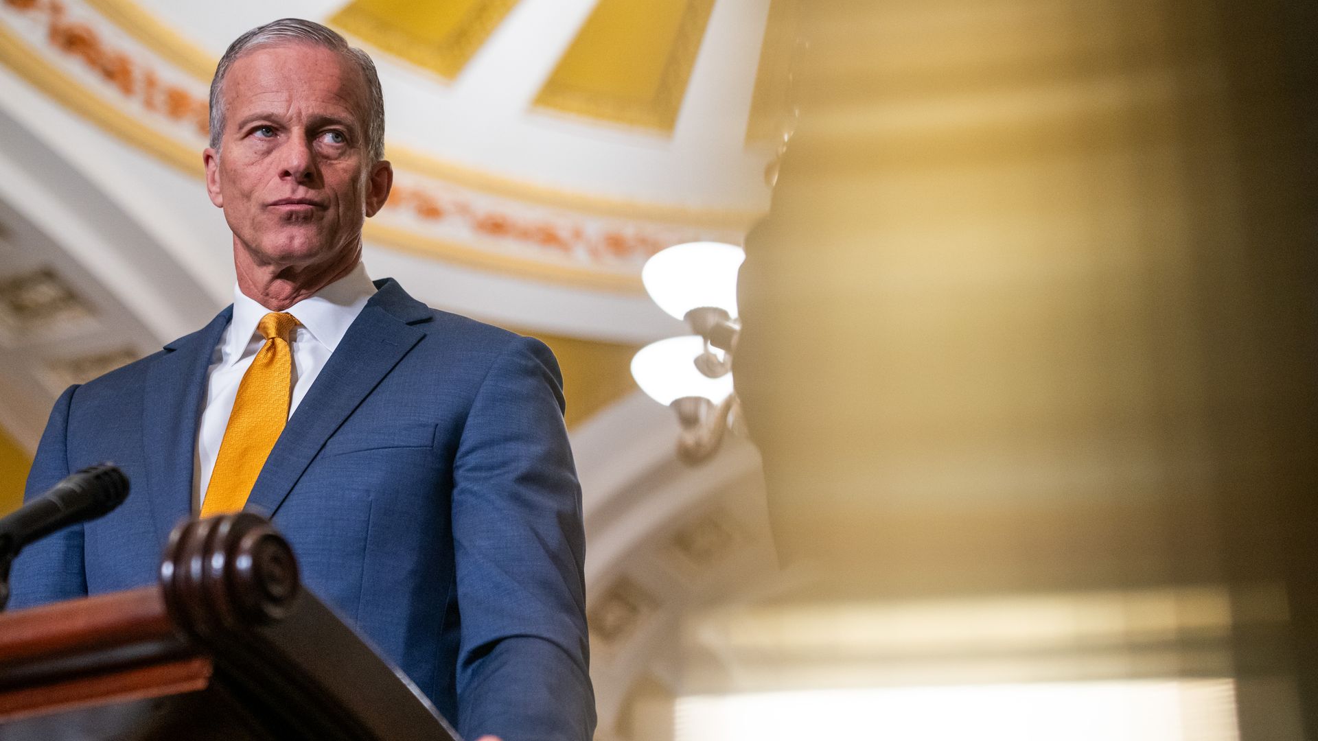 Senate Majority Leader John Thune (R-S.D.) speaks to the press following a Senate GOP luncheon at the Capitol in Washington, DC