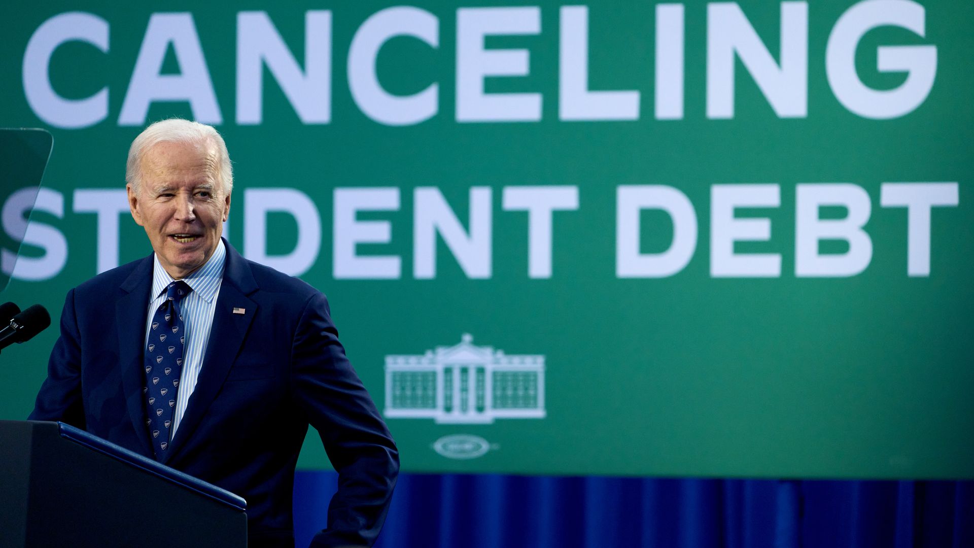 US President Joe Biden speaks during an event in Madison, Wisconsin, US, on Monday, April 8, 2024. Biden's alternative student-debt relief plan could forgive loans for as many as 26 million Americans, a far-reaching initiative that will be tested by the same challenges that beset his original progra