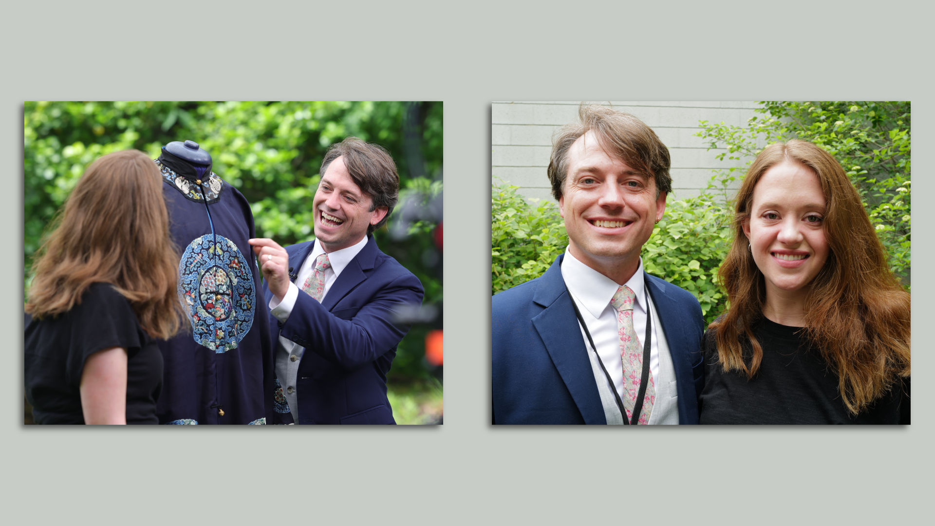 A composite photo of a man and a woman, one with them looking at a Chinese surcoat and the other of them posing for the camera.