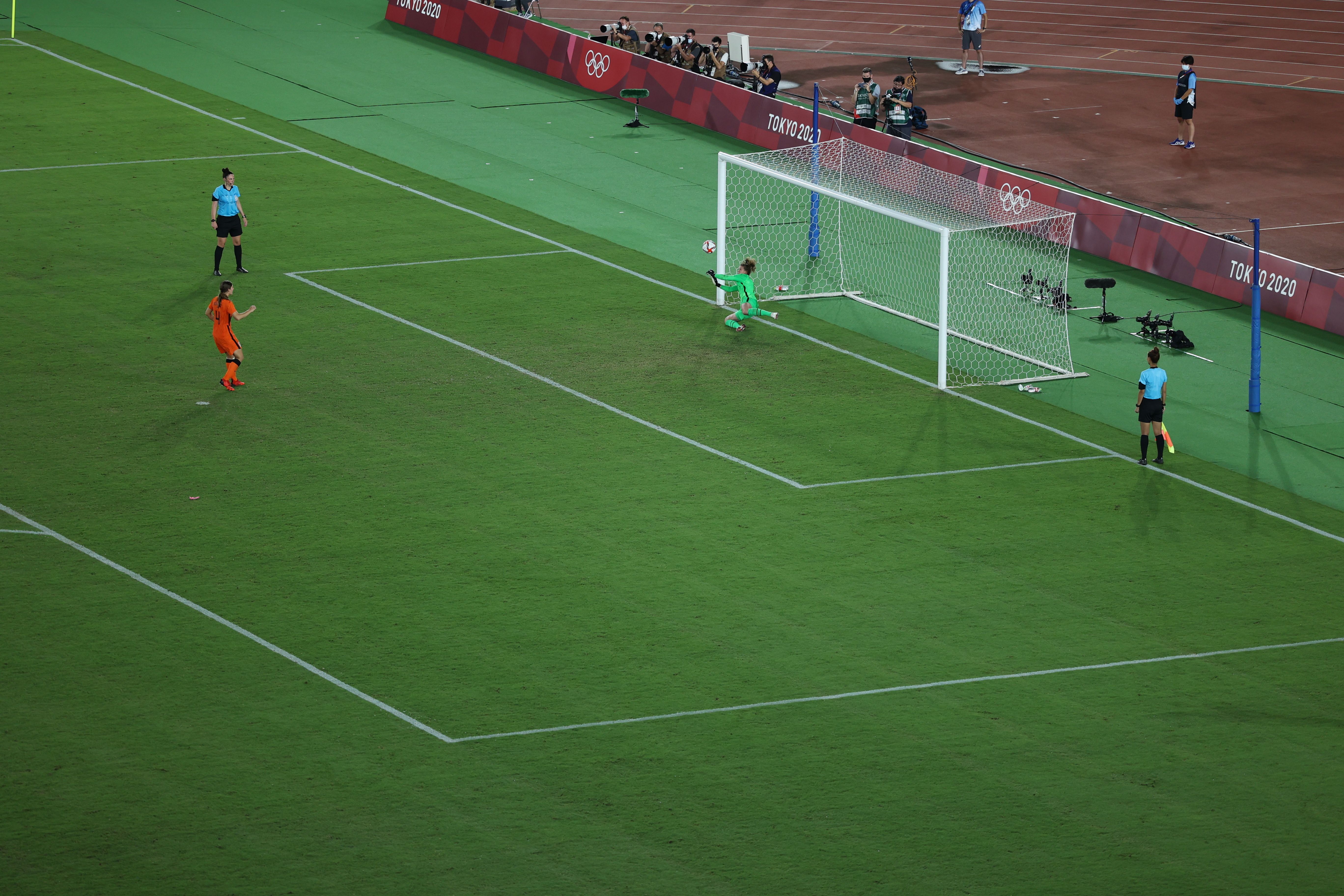 U.S. goalie Alyssa Naeher saves a penalty kick. She saved two during the shootout.