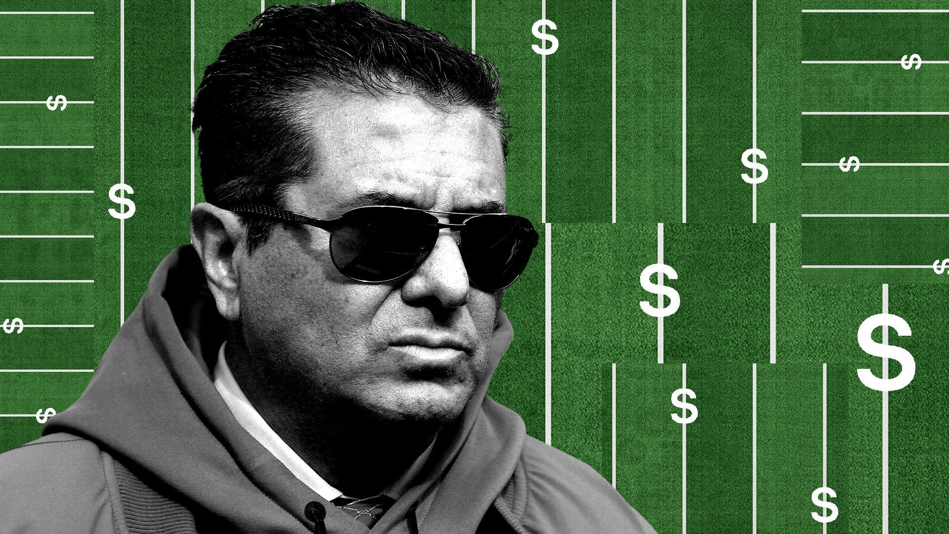 Photo illustration of Dan Snyder on an abstract background made up of dollar bill signs and football pitches.