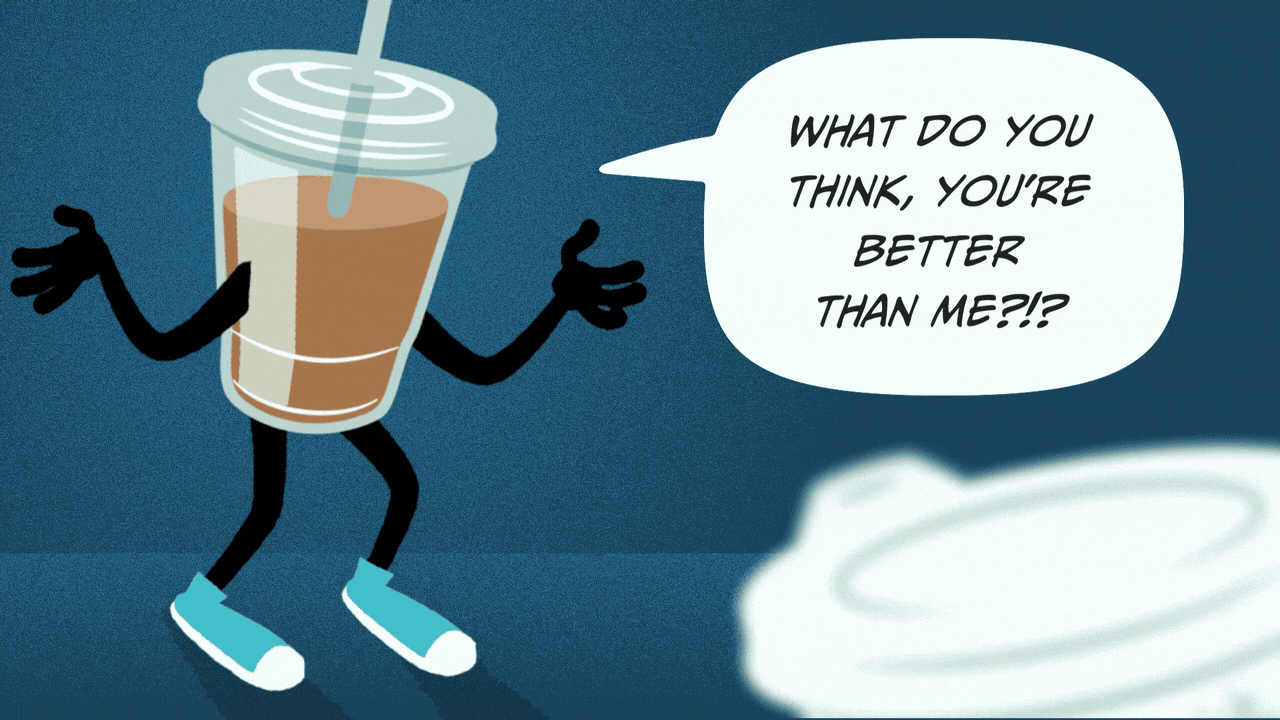 Animated illustration of an iced coffee and a hot coffee, both with arms and legs, arguing about which one is better than the other.