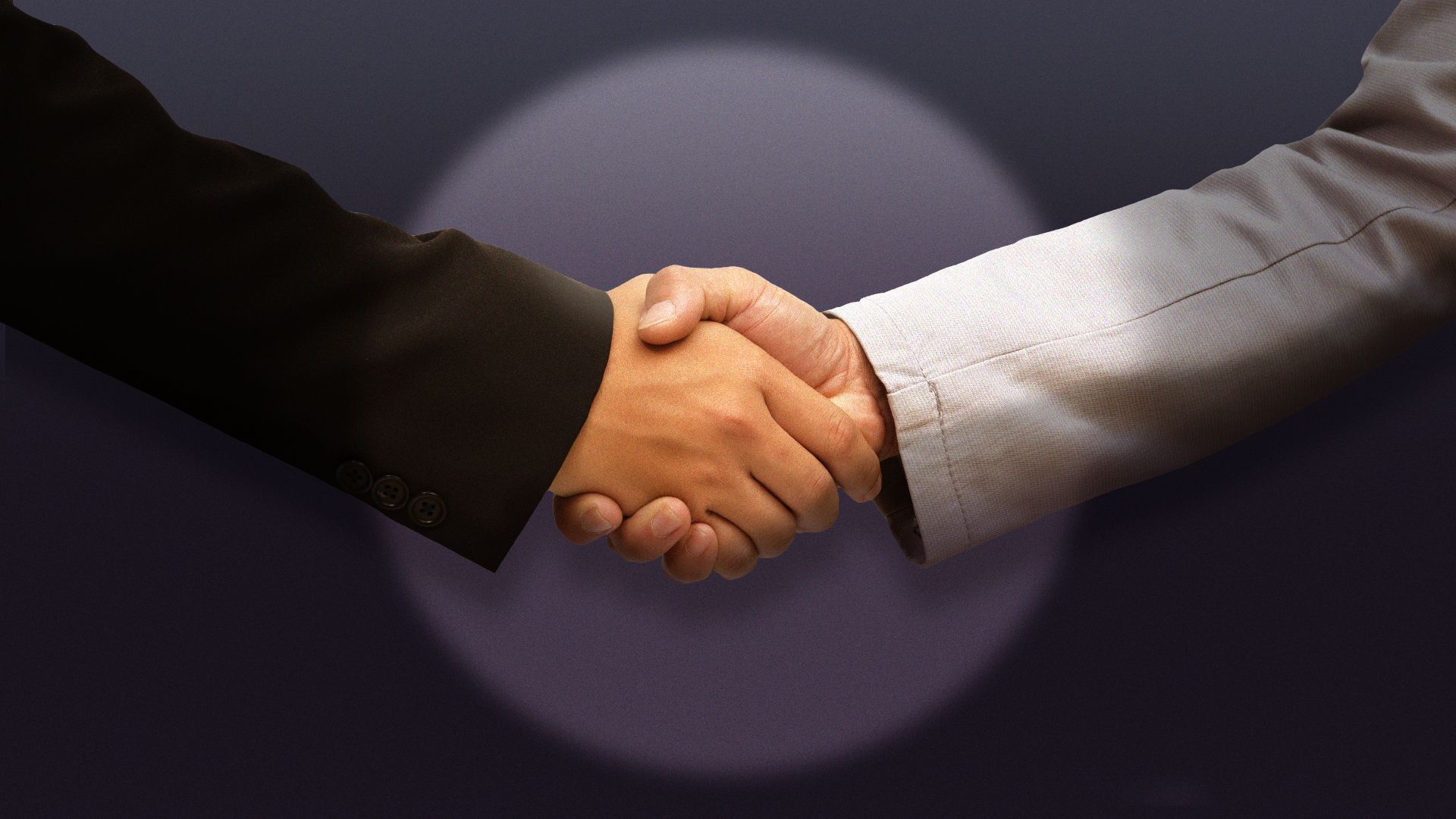 Illustration of a spotlight shining on two people shaking hands.