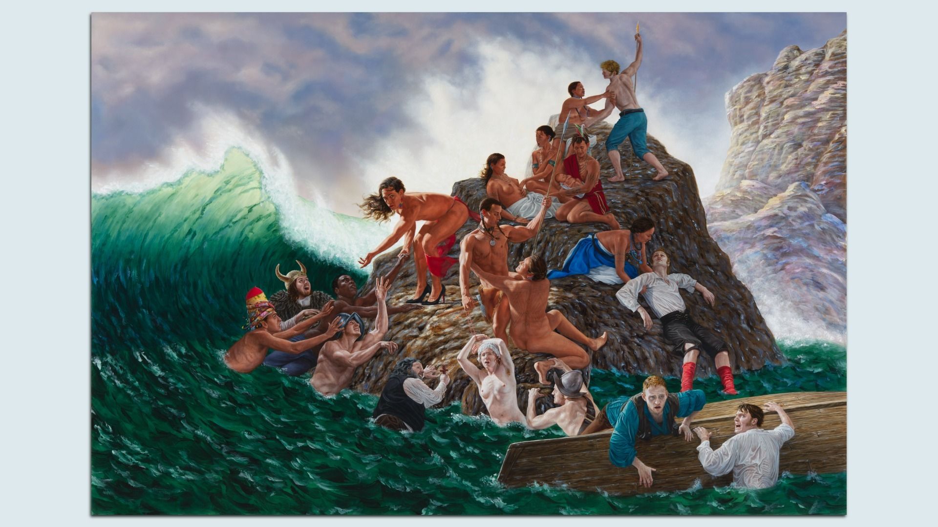 Vivid painting of a chaotic shore scene with a tall green wave crashing near a rocky outcrop. Dozens of shirtless people, some weapons, struggle to hold on, while a wooden boat skims water nearby.