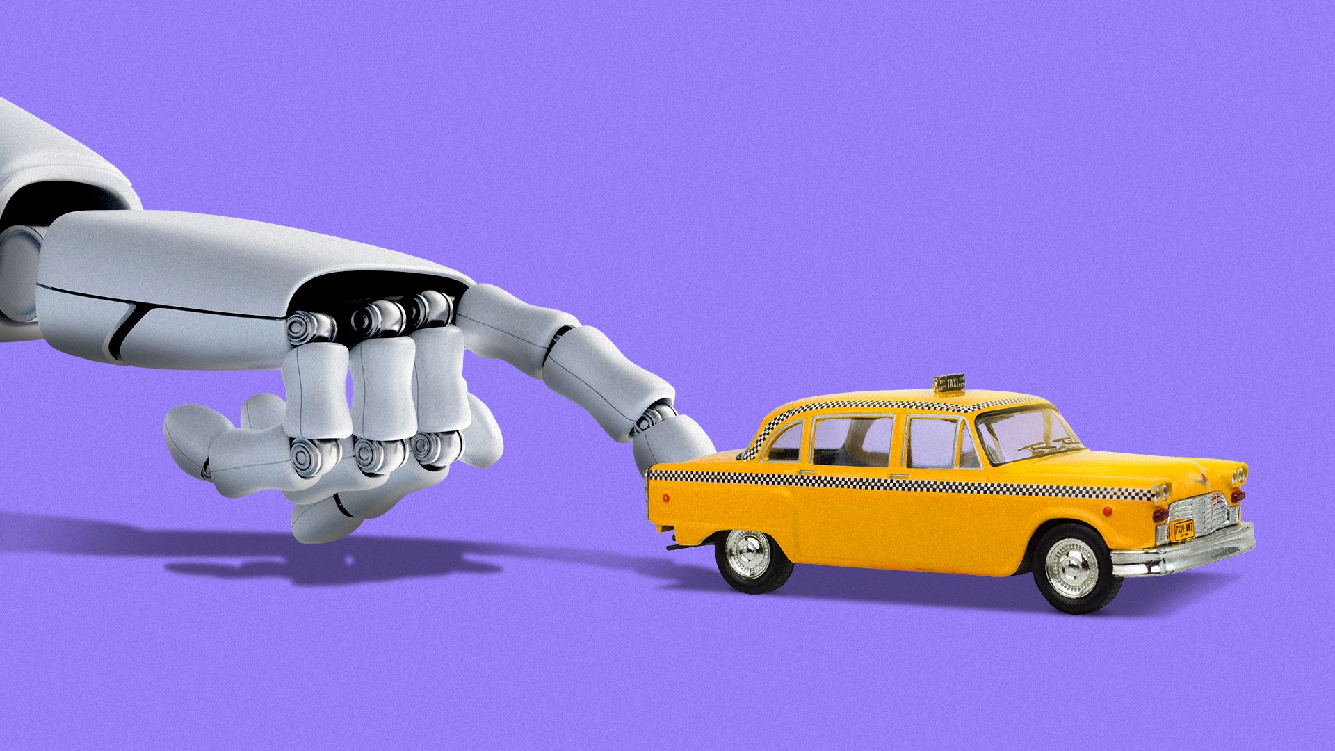 Illustration of a robot's hand pushing a toy taxi.