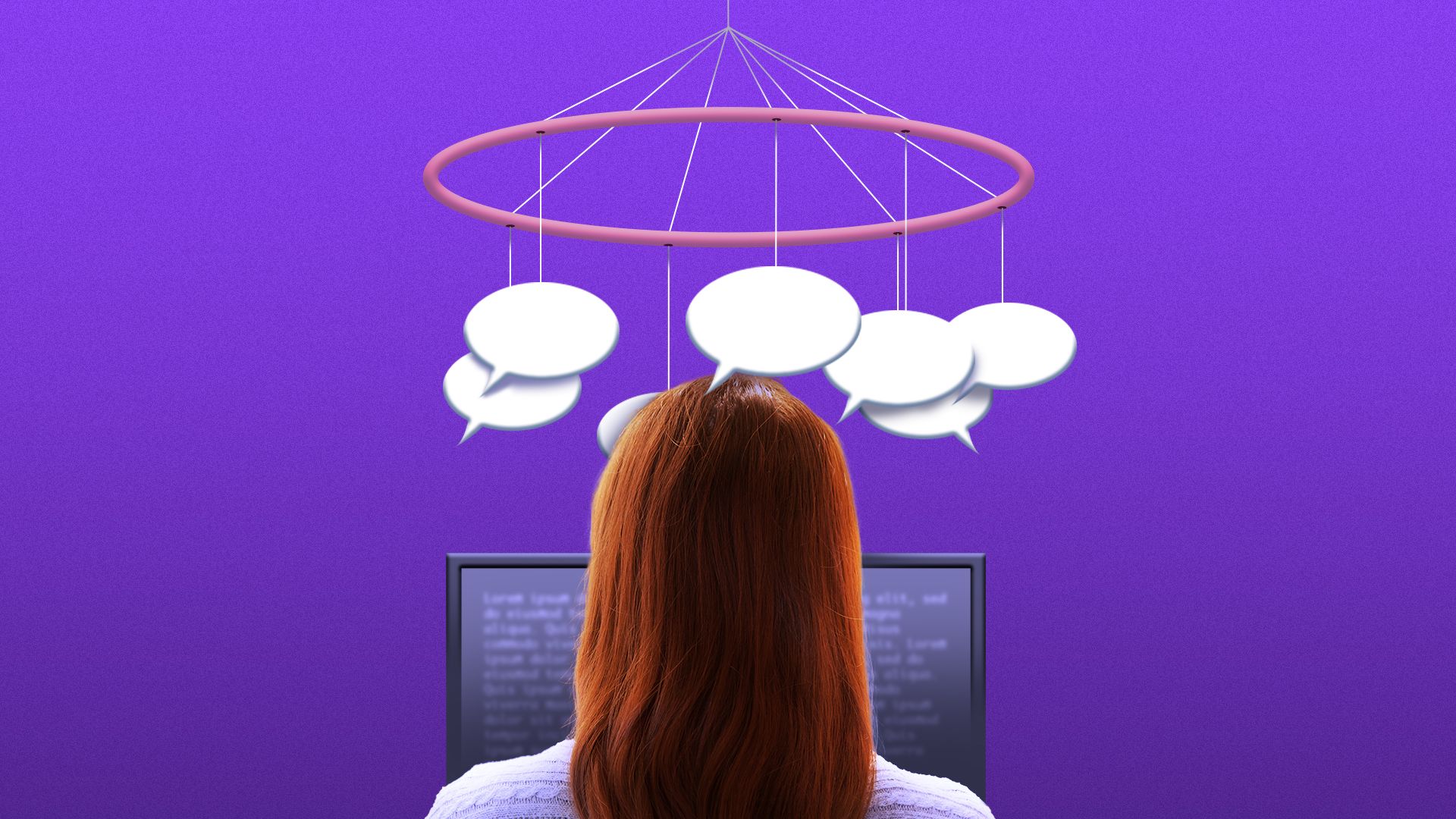Illustration of a woman at a computer with a baby mobile over her head featuring speech bubbles