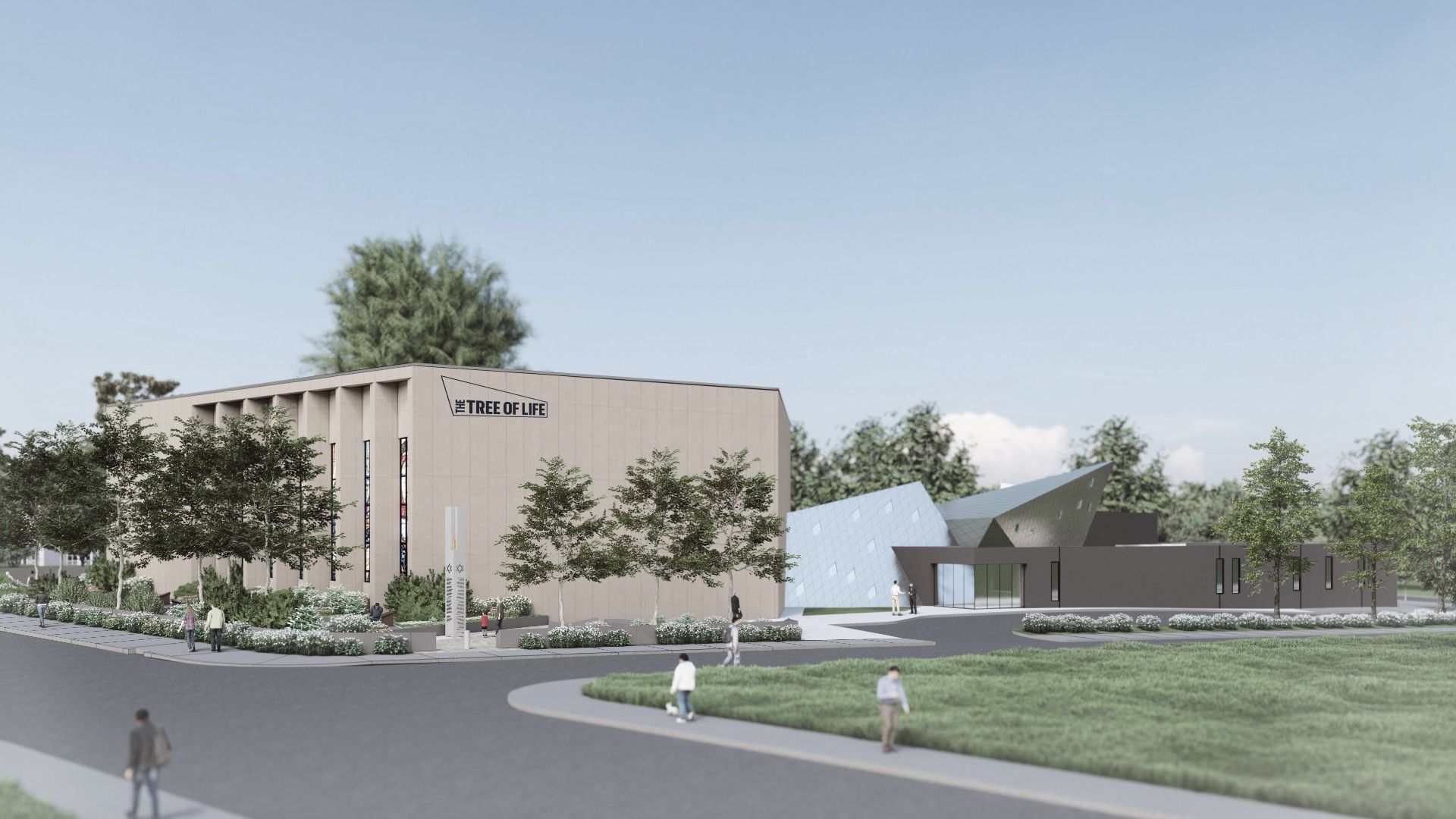 Modern building labeled "Tree of Life" with beige and gray angular architecture, surrounded by trees, bushes, and people walking on sidewalks in a park-like setting under a clear blue sky.