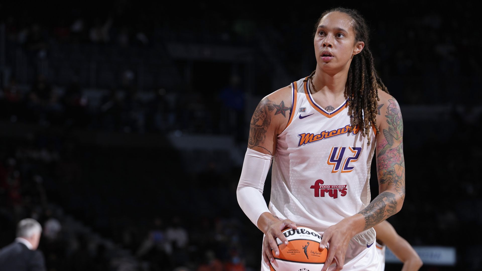 Brittney Griner #42 of the Phoenix Mercury shoots a free throw during the game against the Las Vegas Aces during Game Five of the 2021 WNBA Semifinals on October 8, 2021