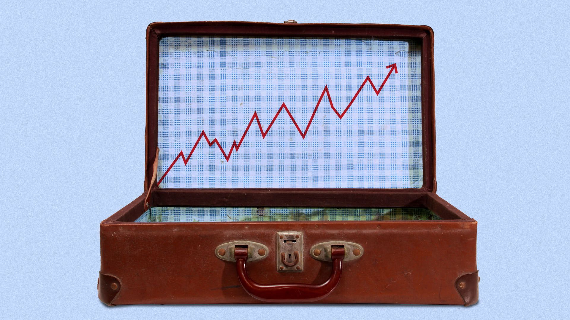 A suitcase with a trend line going up