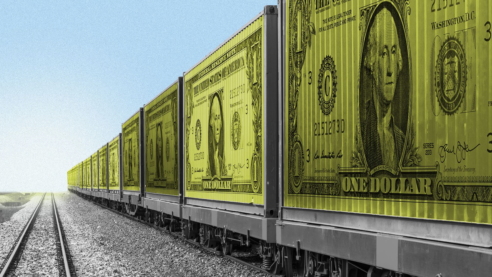 Illustration of a freight train with dollar bill overlays on the cars