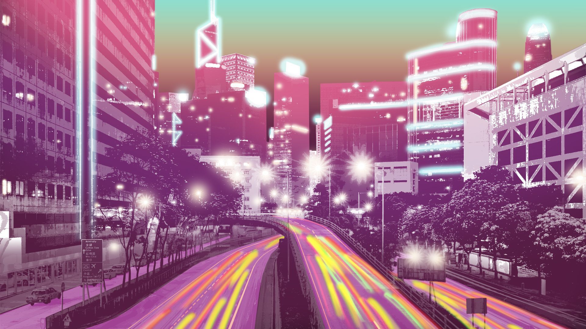 Illustration of a lit up cityscape at sunset featuring freeways filled with streaking lights
