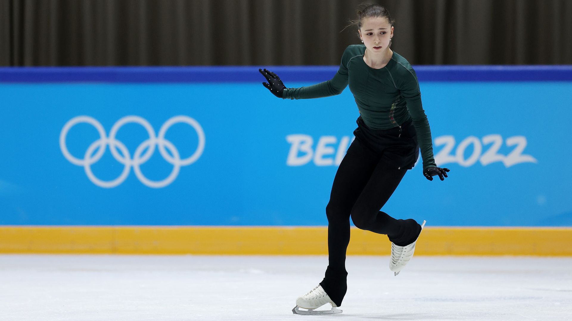 Kamila Valieva of Team ROC skates during a training session on day ten of the Beijing 2022 Winter Olympic Games at Capital Indoor Stadium practice rink on February 14