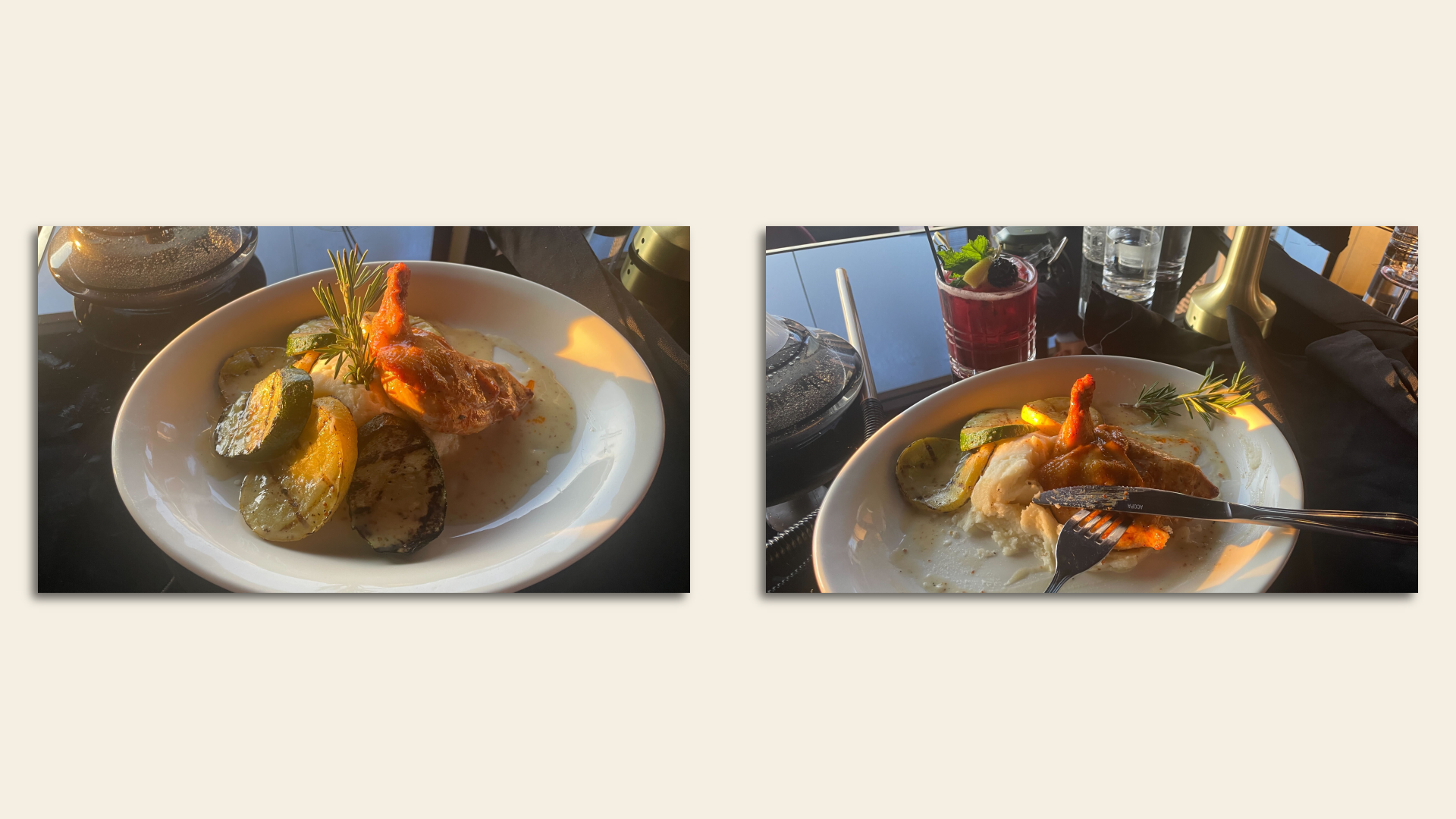 Side by side images of baked chicken. The image on the right also has a purple cocktail drink.