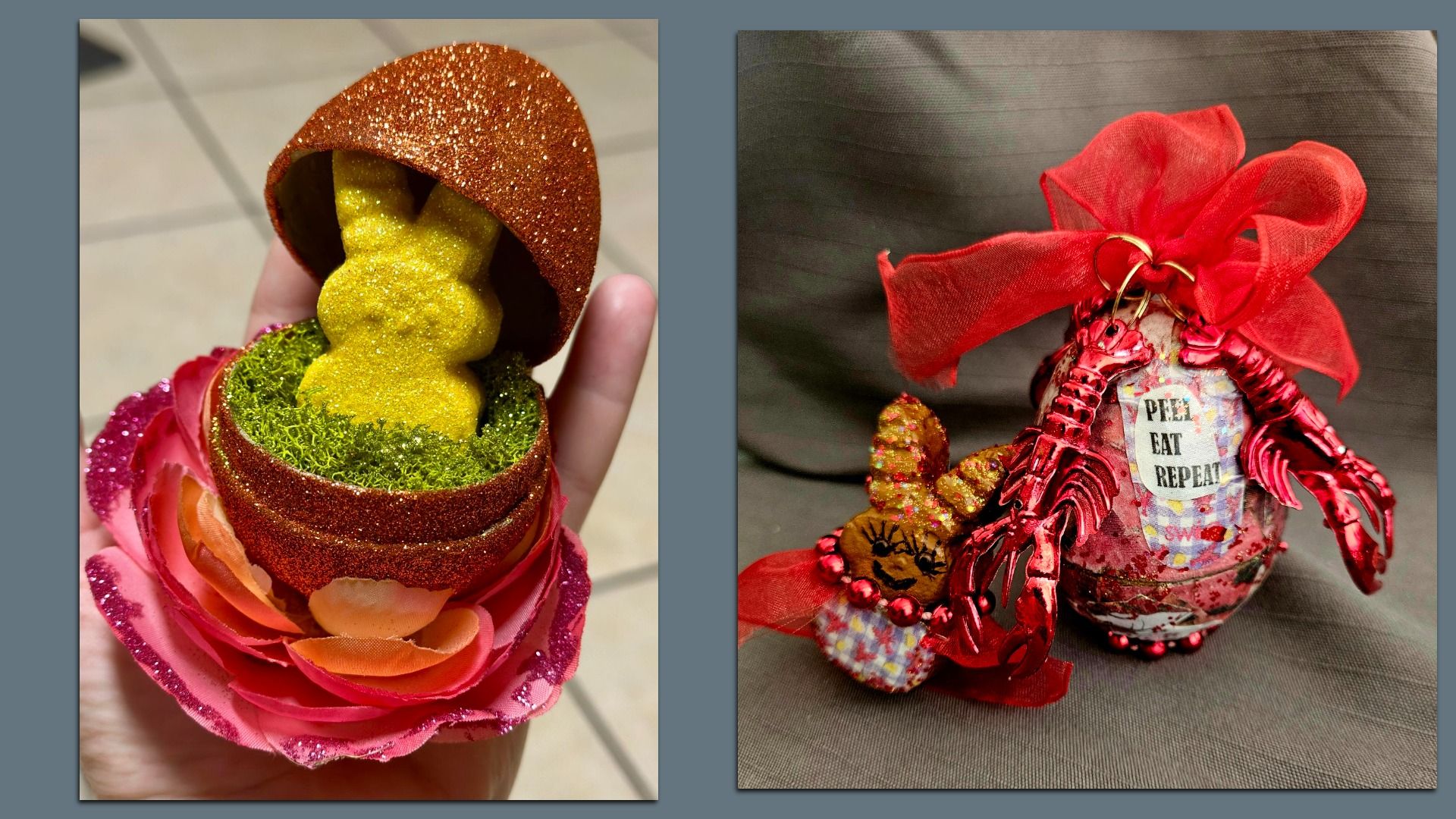 Photo shows two decorated Easter eggs.