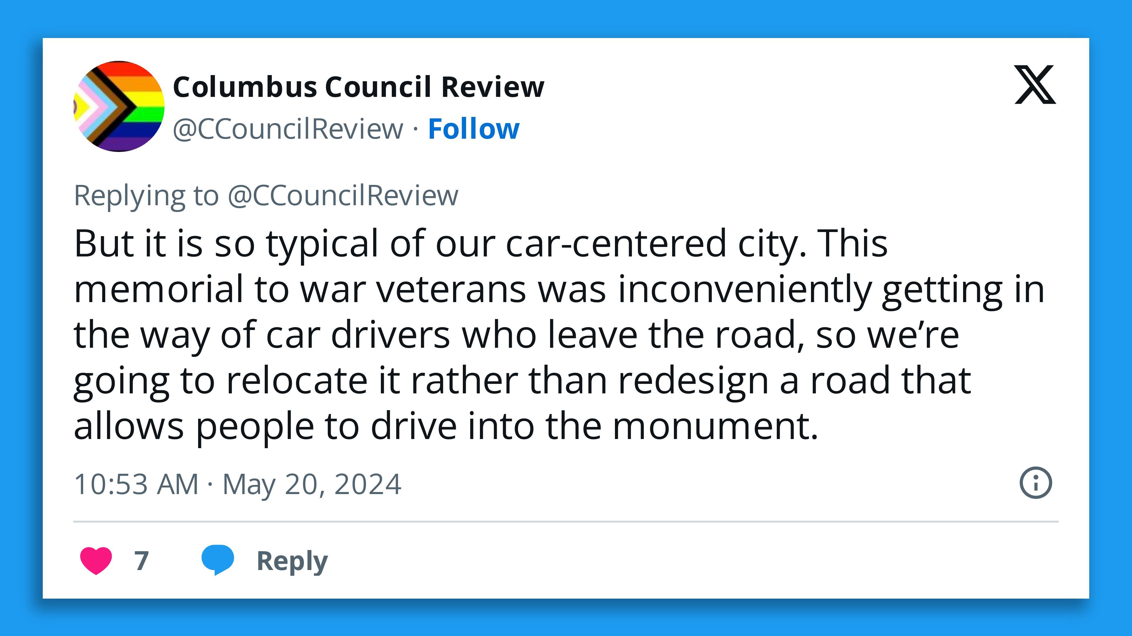 A tweet from an account Columbus Council Review on X. 