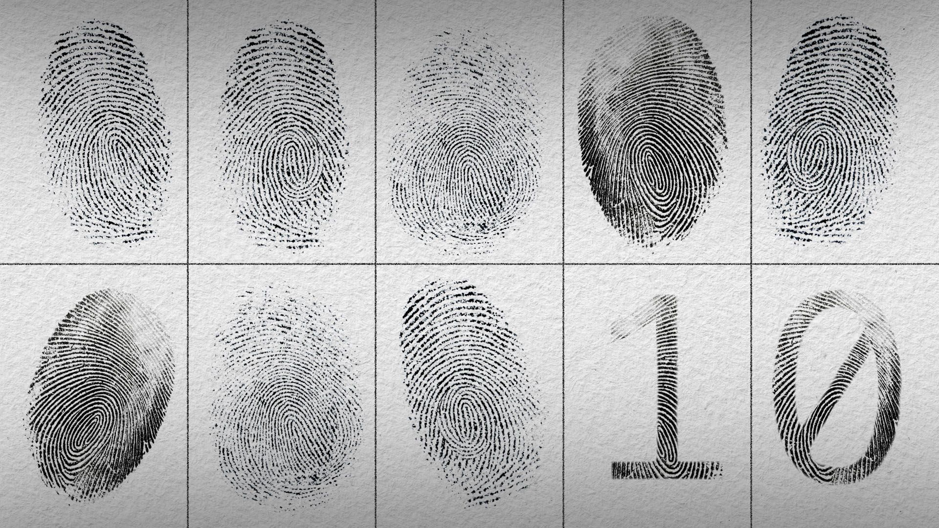 Illustration of police fingerprints with two of them as binary code