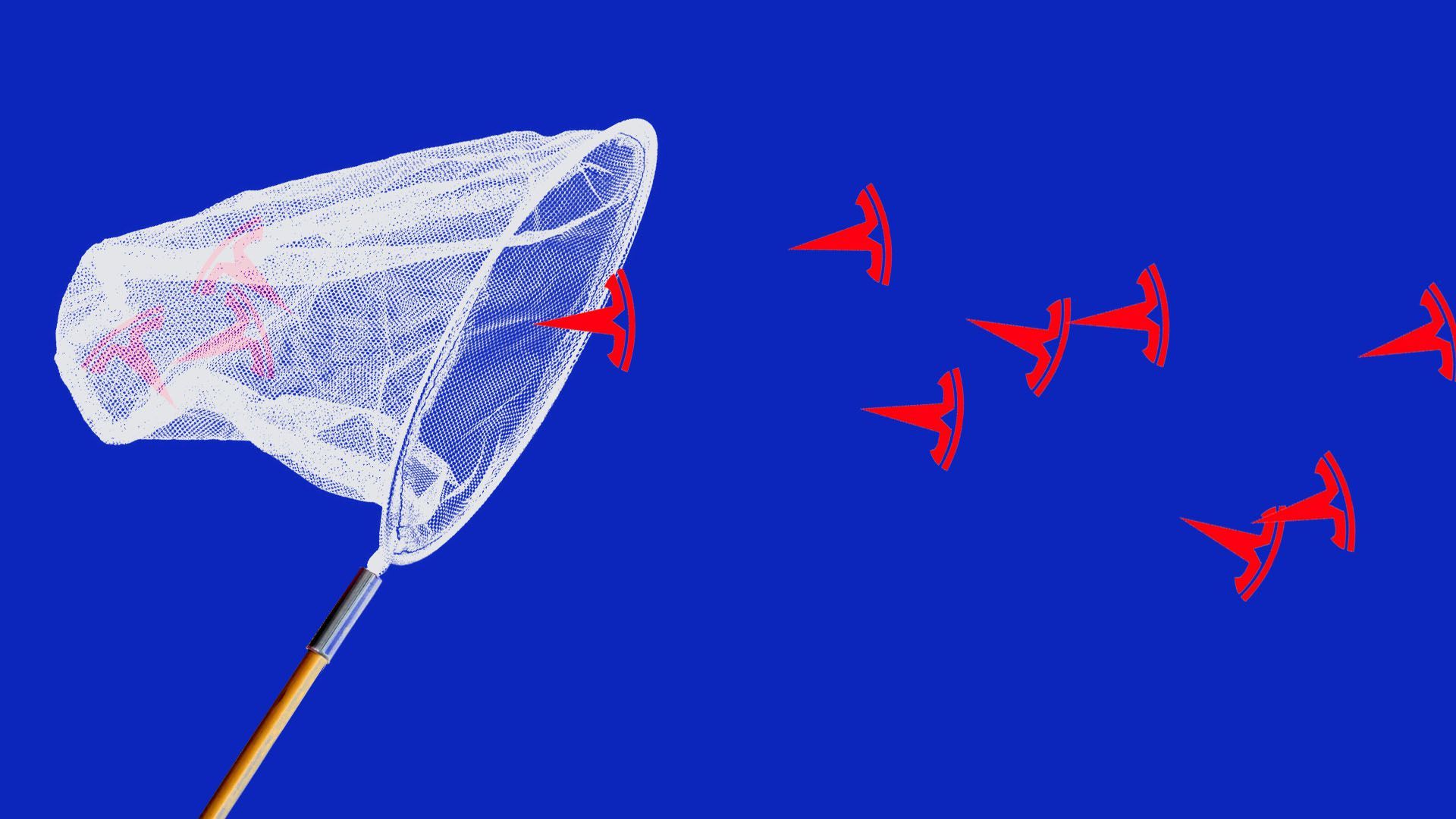 Illustration of a butterfly net collecting little Tesla logos