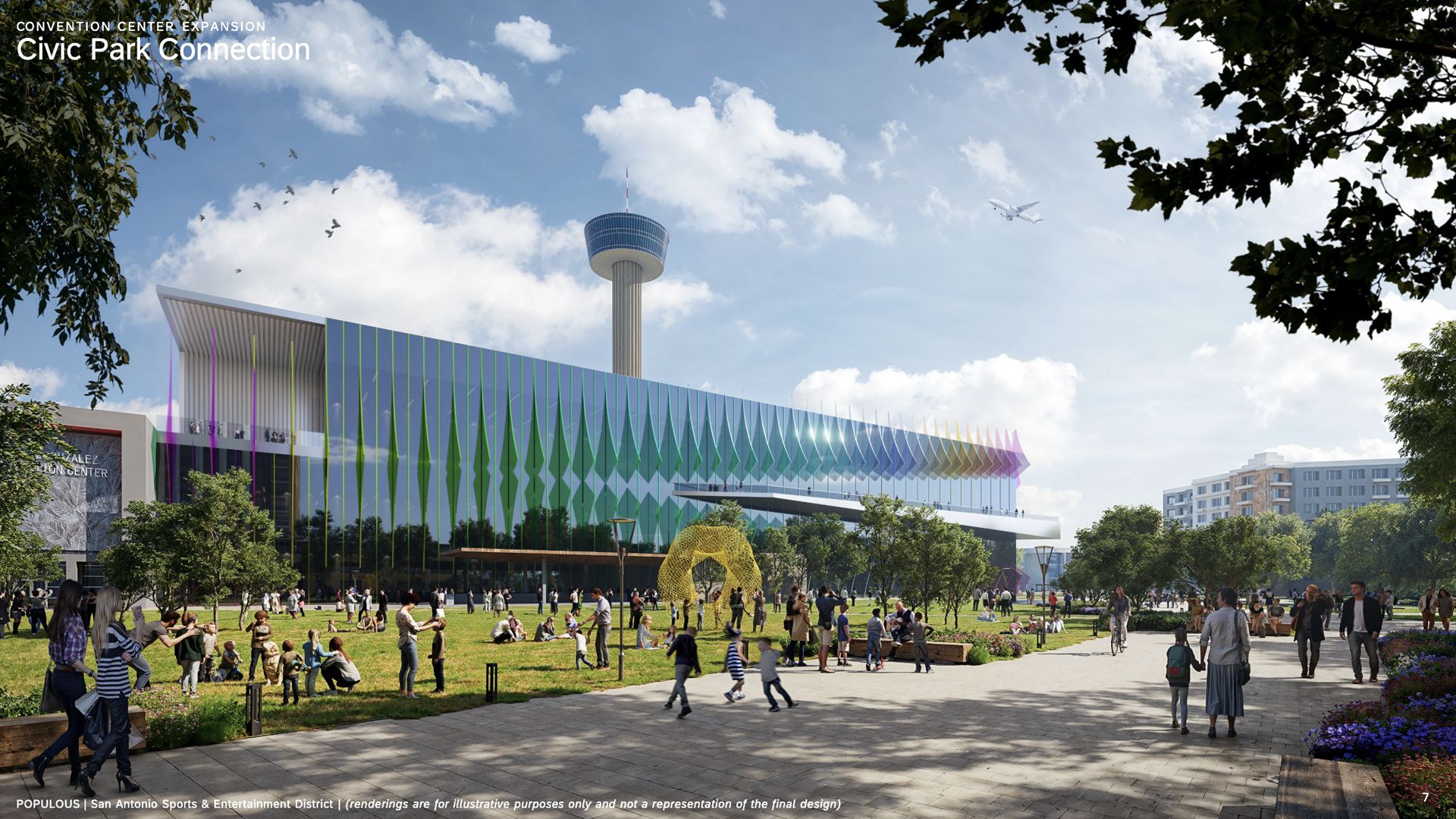 A rendering shows a more colorful convention center by Civic Park and the Tower of the Americas.