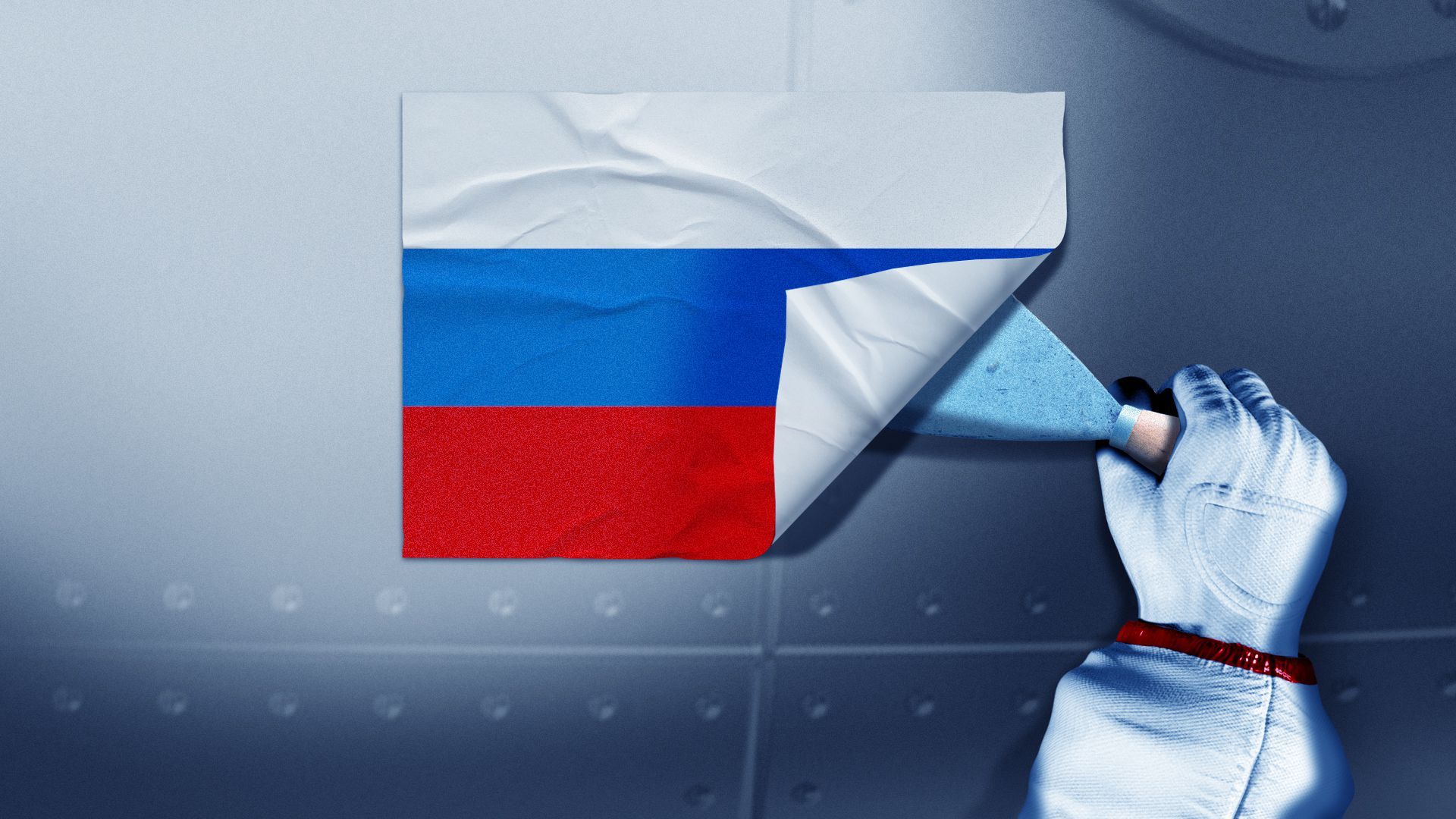 Illustration of an astronaut scraping a Russian flag sticker off the side of a space station