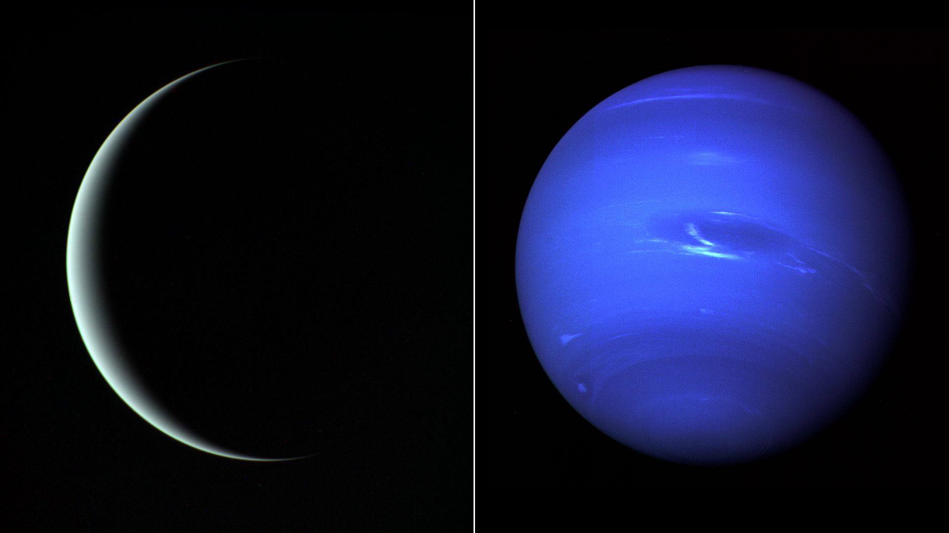 Uranus in crescent next to Neptune shining in blue