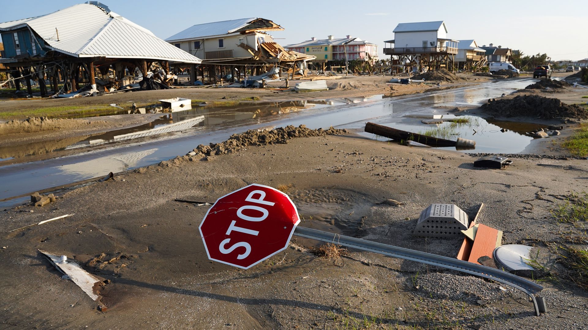 A bent stop sign in a storm damaged neighborhood after Hurricane Ida on September 4, 2021 in Grand Isle, Louisiana. 