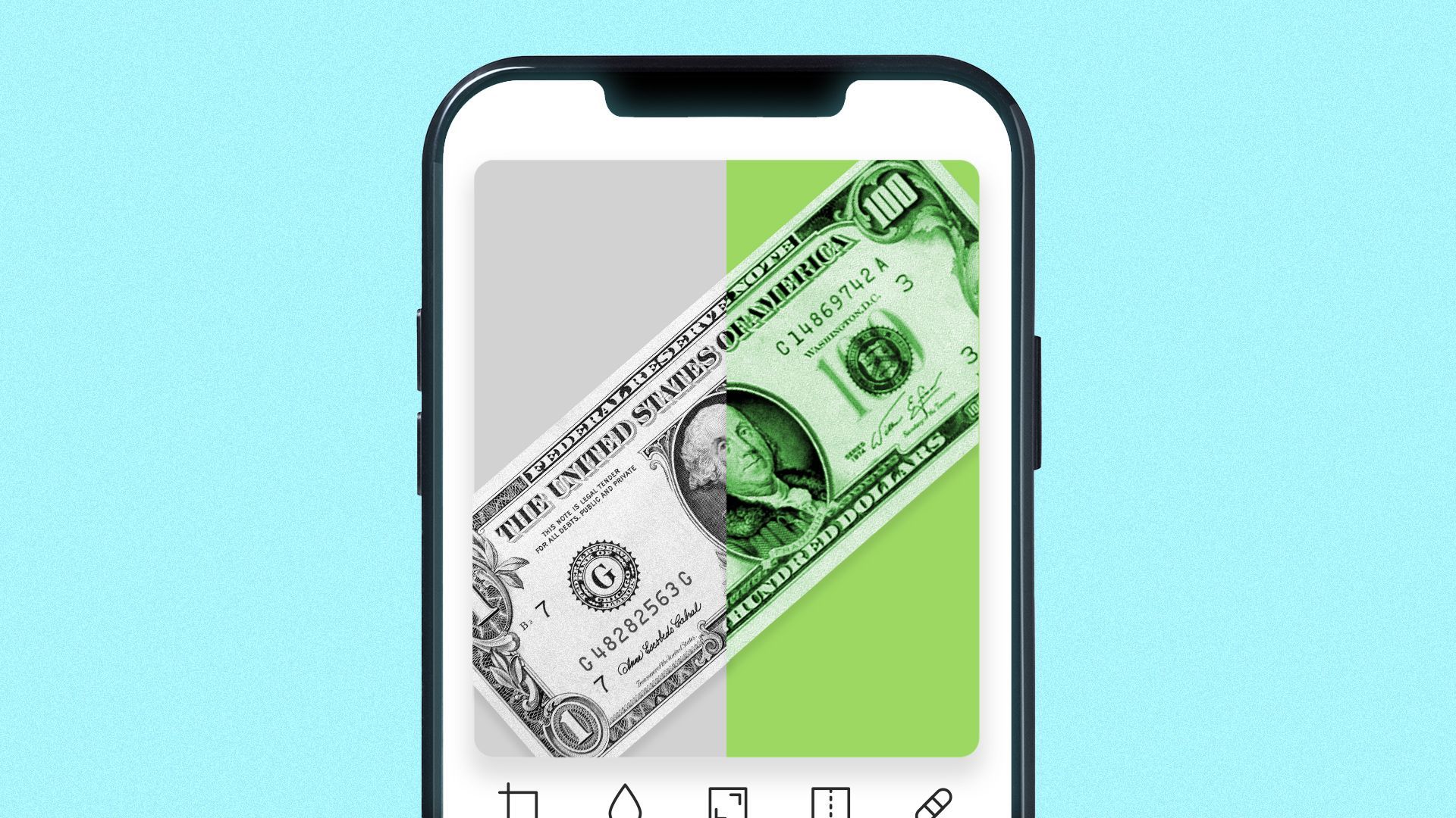 Illustration of a phone with a photo editing screen changing a $1 bill into a $100 bill.