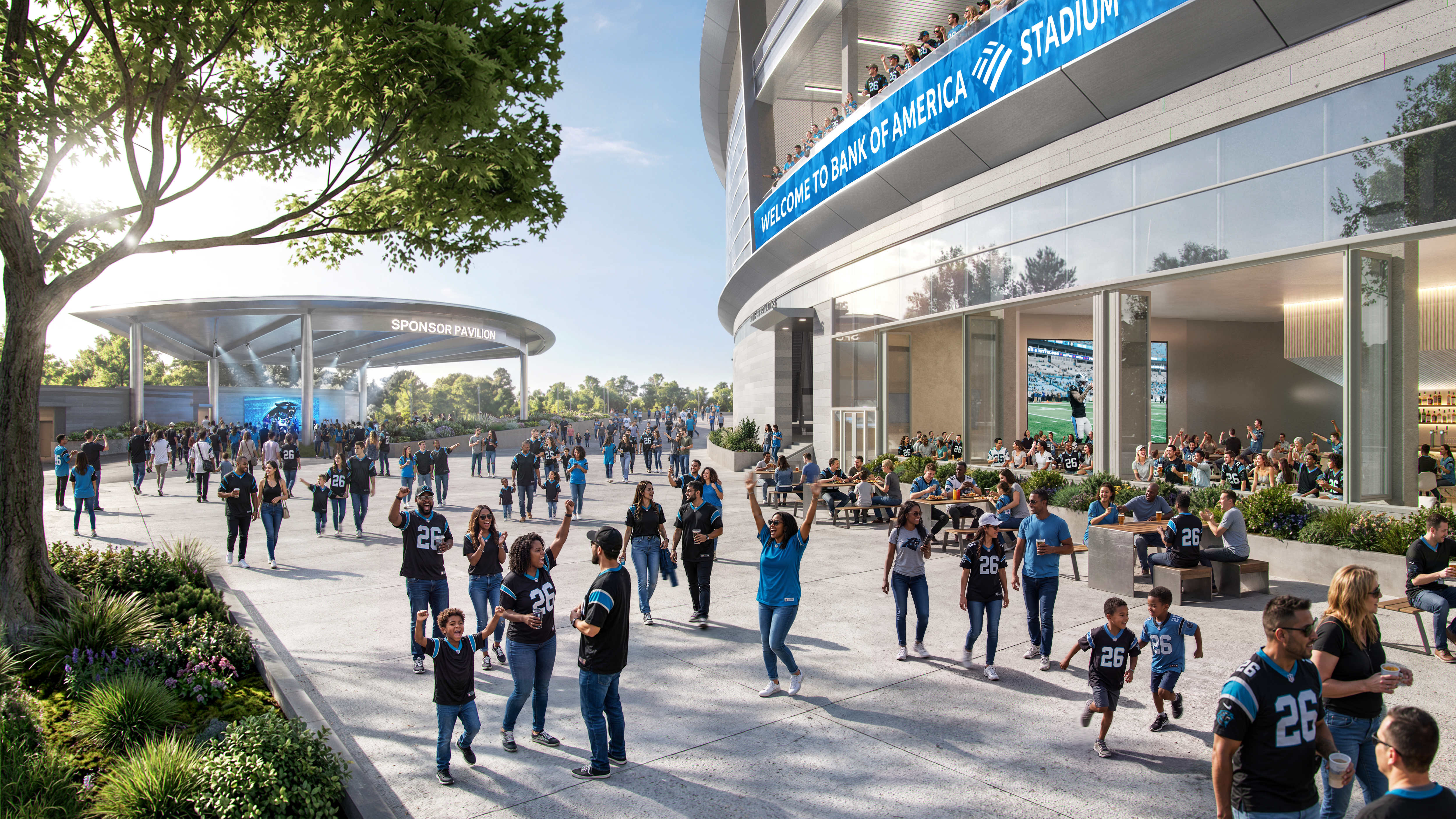 Sunny stadium plaza with fans in black and teal jerseys. A curved glass building displays a blue banner reading WELCOME TO BANK OF AMERICA STADIUM. Left, a round sponsor pavilion amid trees.