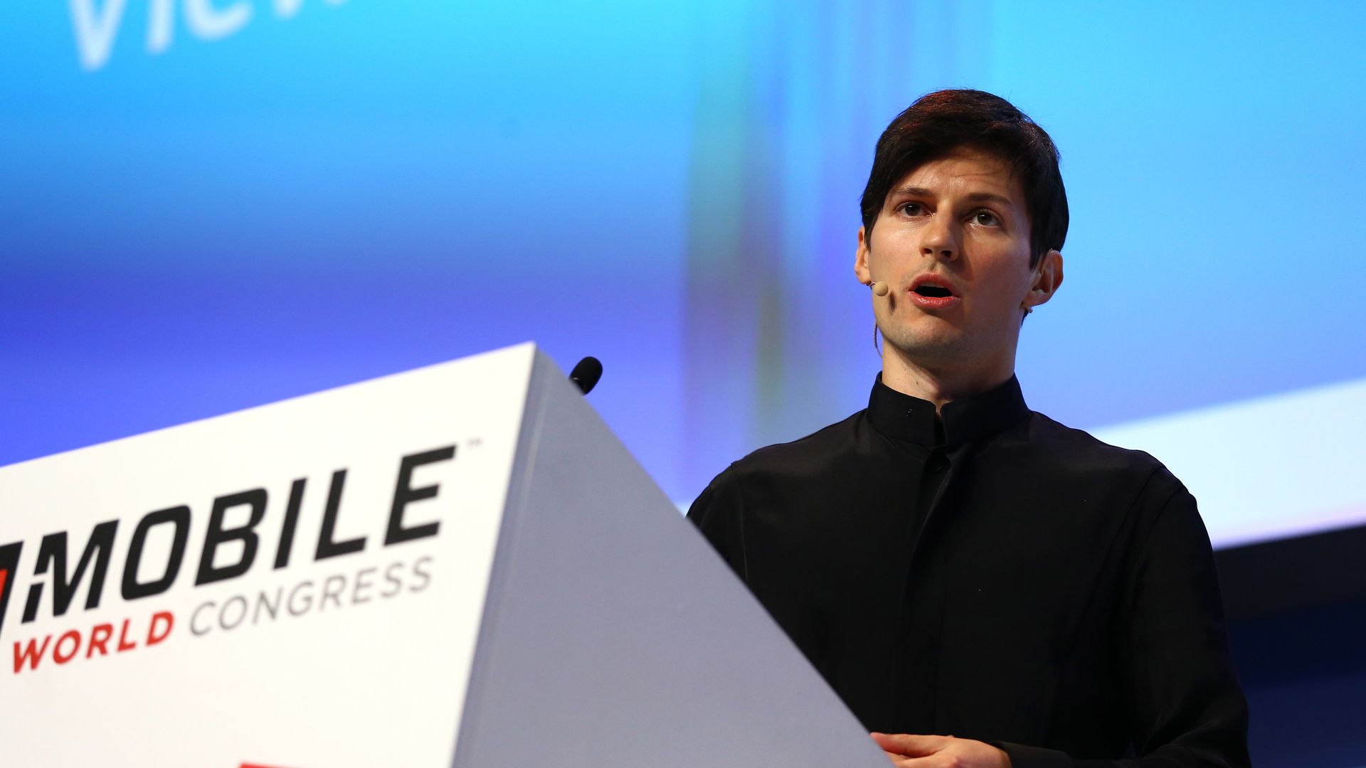 Pavel Durov delivers his keynote conference during day two of the Mobile World Congress at the Fira Gran Via complex in Barcelona, Spain on February 23, 2016. 