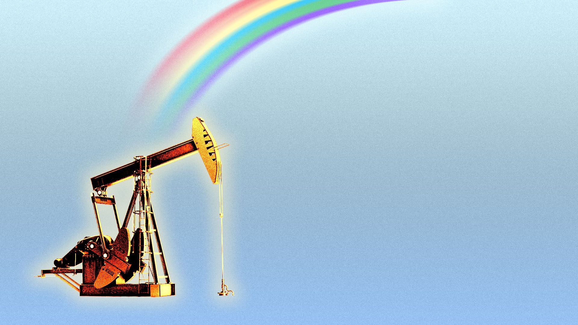 Illustration of a golden oil rig at the end of a rainbow