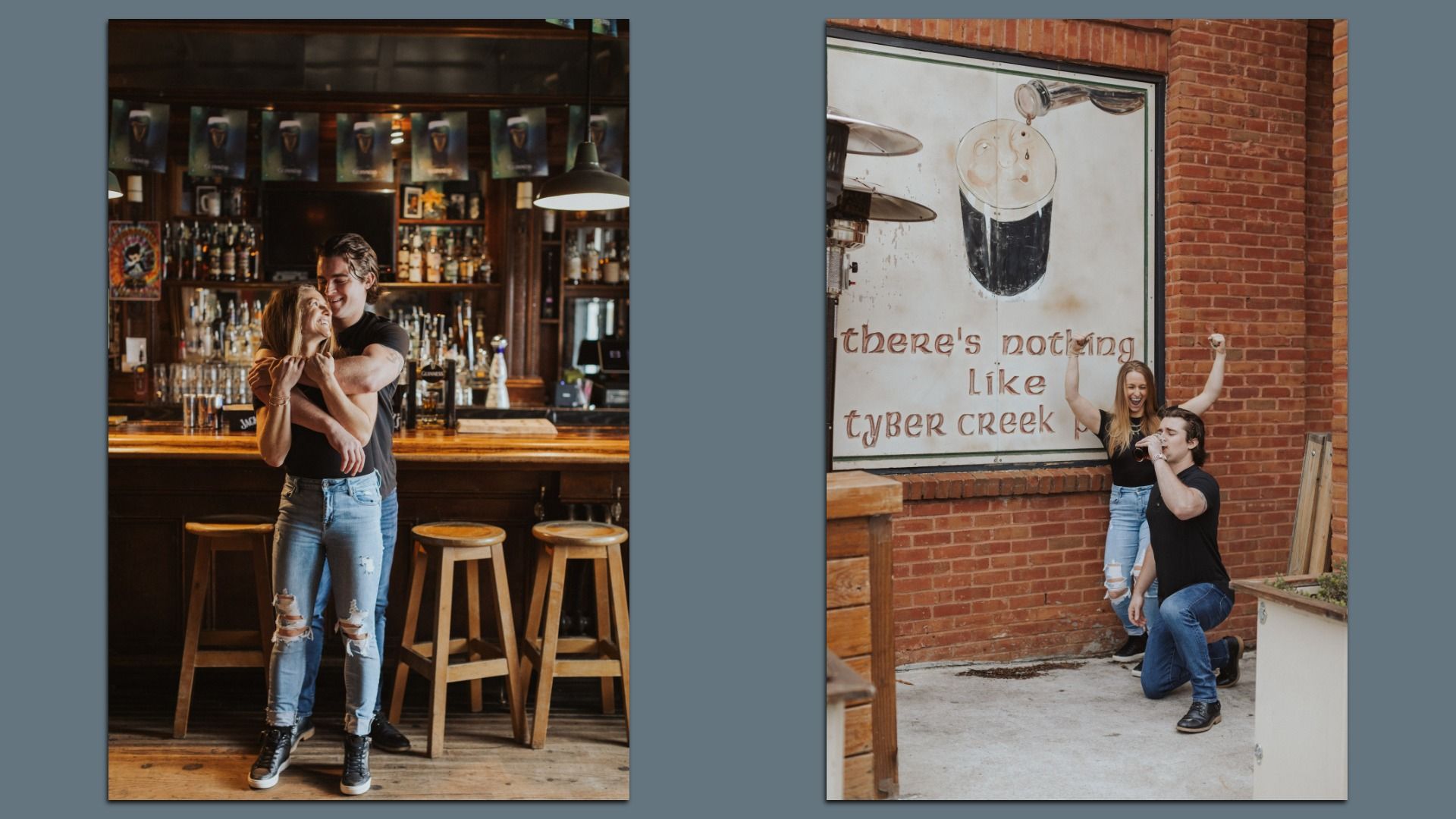 Two young adults in casual clothing share joyful moments in a bar and outside by a brick wall with a large beer illustration and the text "there's nothing like Tyber Creek."