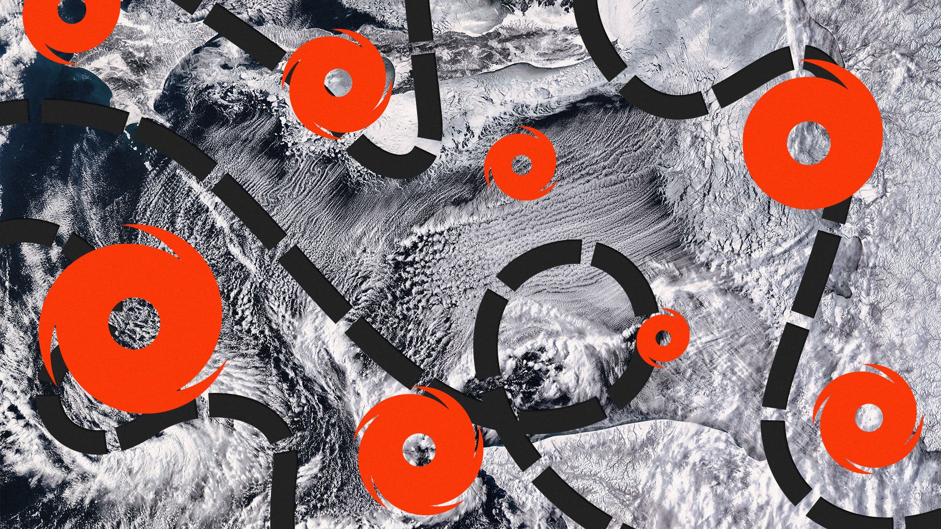 Illustrated collage of various sizes of hurricane icons and dotted lines going in different directions over a background of a hurricane.