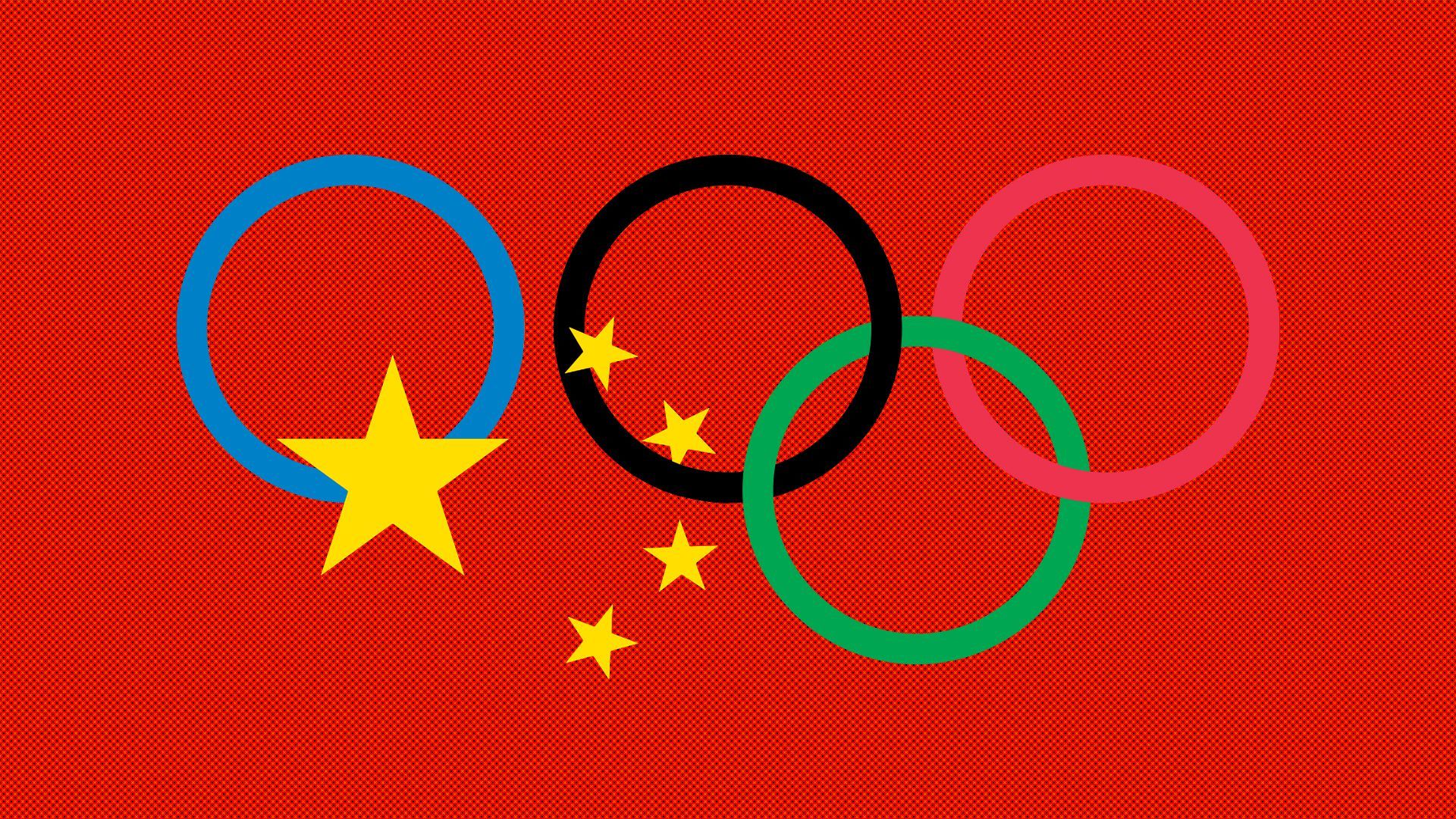 Illustration of the Olympic rings with yellow stars from China's flag replacing the yellow ring.