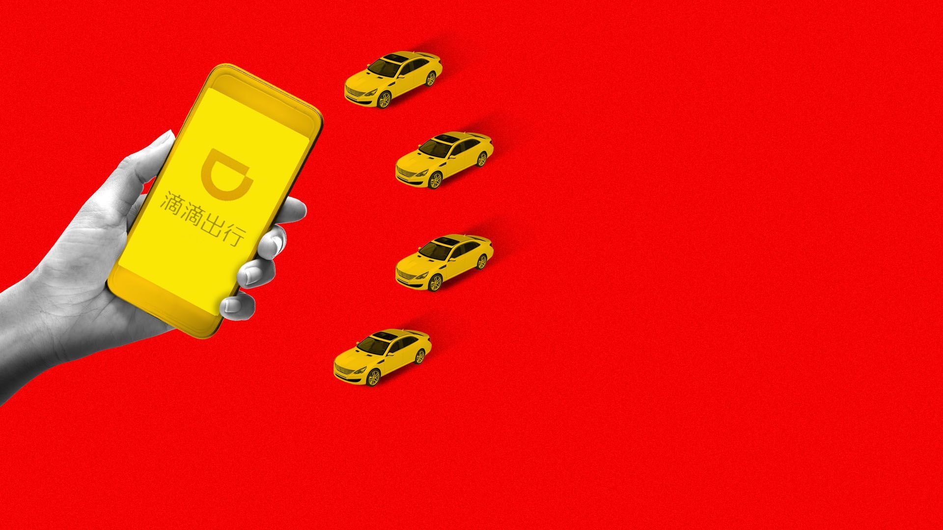 Illustration of a hand holding a cellphone with the Didi Chuxing ap hailing a small fleet of cars, all in the shape of the Chinese flag