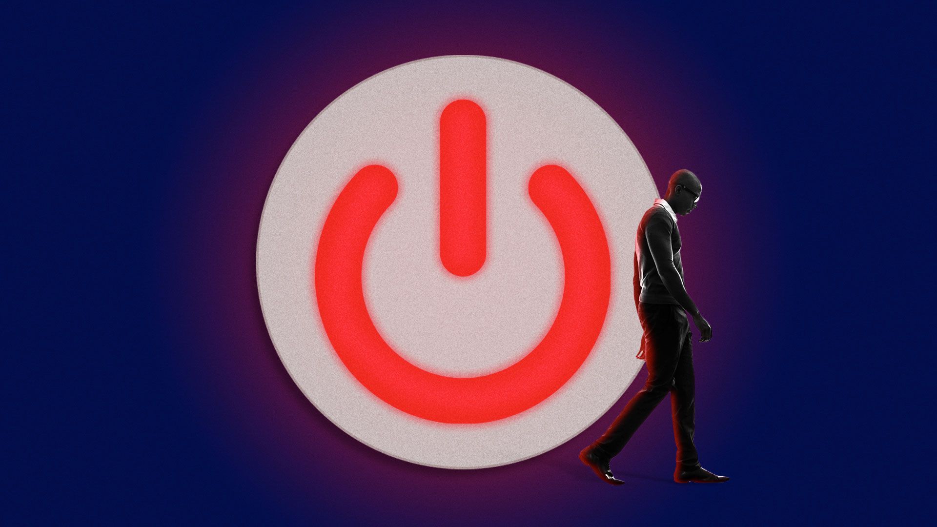 Illustration of a power button with Black man walking by