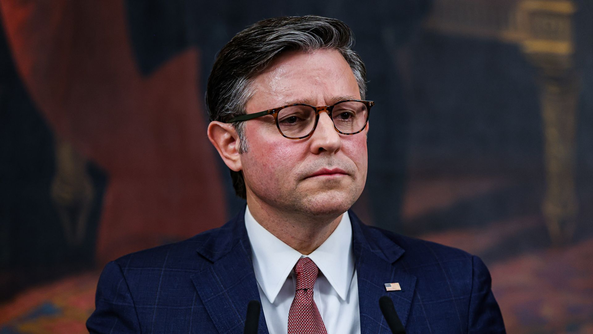 Closeup shot of Speaker Johnson at the Capitol during a press conference