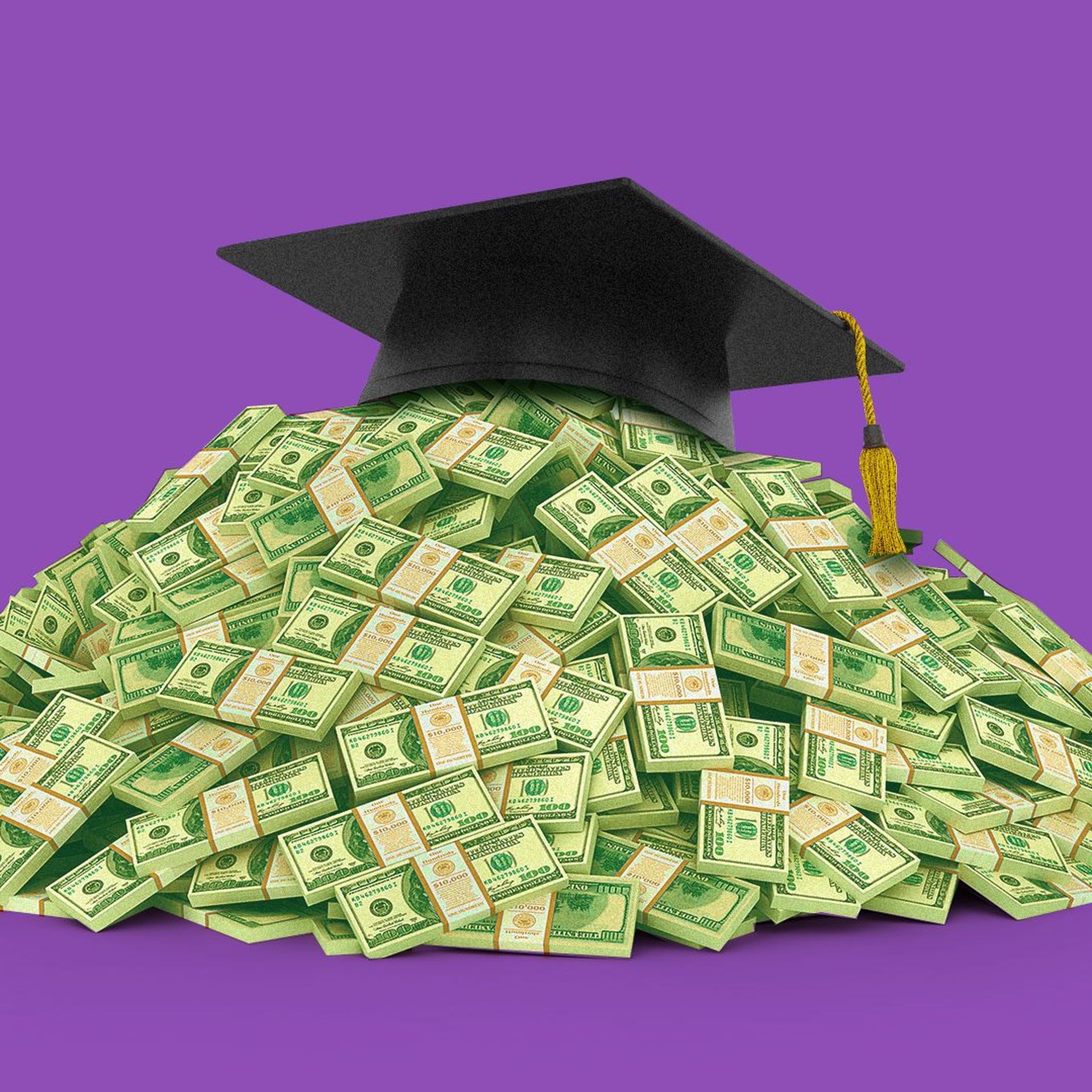Illustration of a large pile of money with a graduation cap on top.  