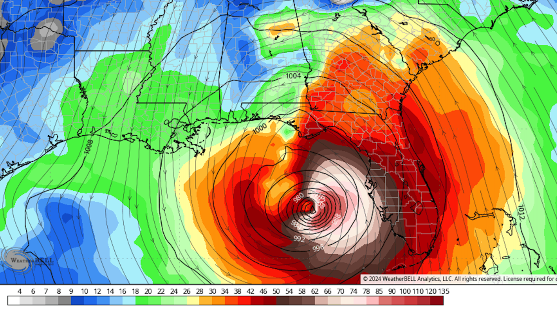 Computer model map showing projected wind speeds just above the surface on Sept. 26. 