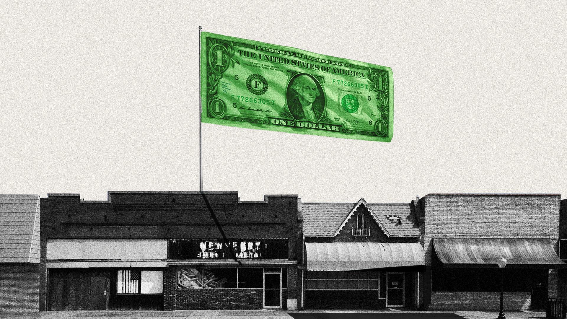 Illustration of a dollar bill as a flag, flying over a shuttered main street. 