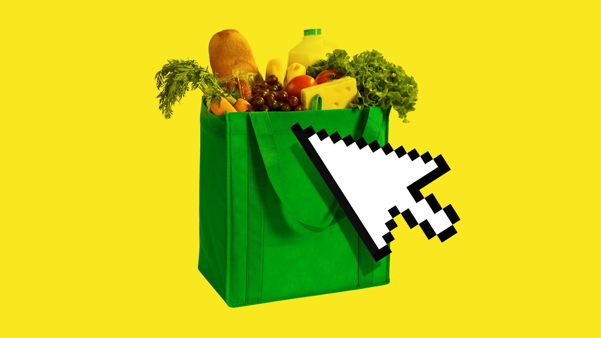 In this illustration, a large digital mouse clicks on a bag of groceries