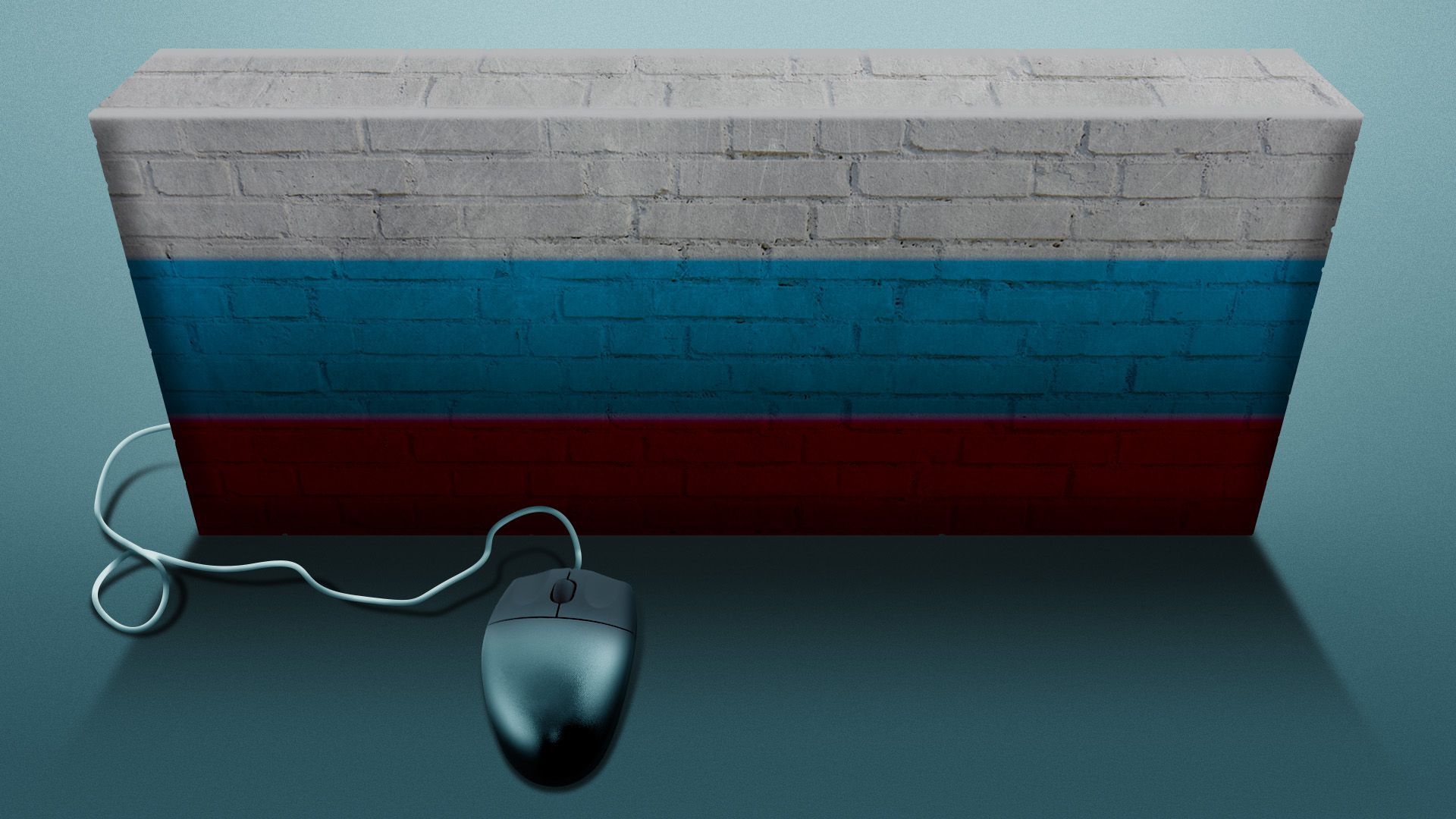Illustration of a computer mouse cord going around a brick wall with Russian flag colors 