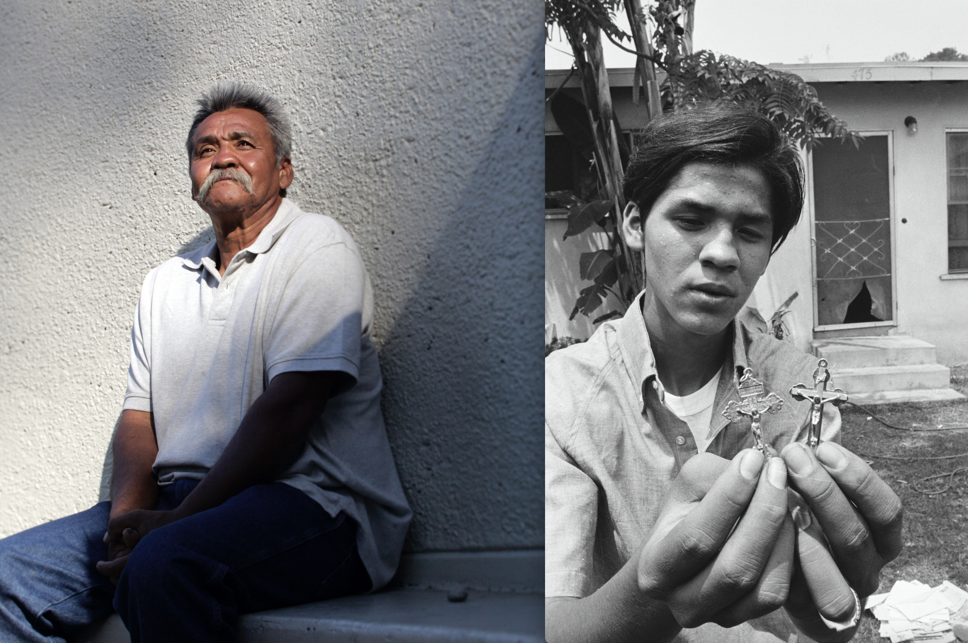 Photos of  Juan Romero in 2008 and of him in 1968 holding a Rosary. 