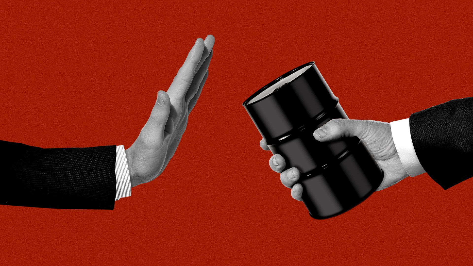 Illustration of hand stopping another hand holding an oil barrel.